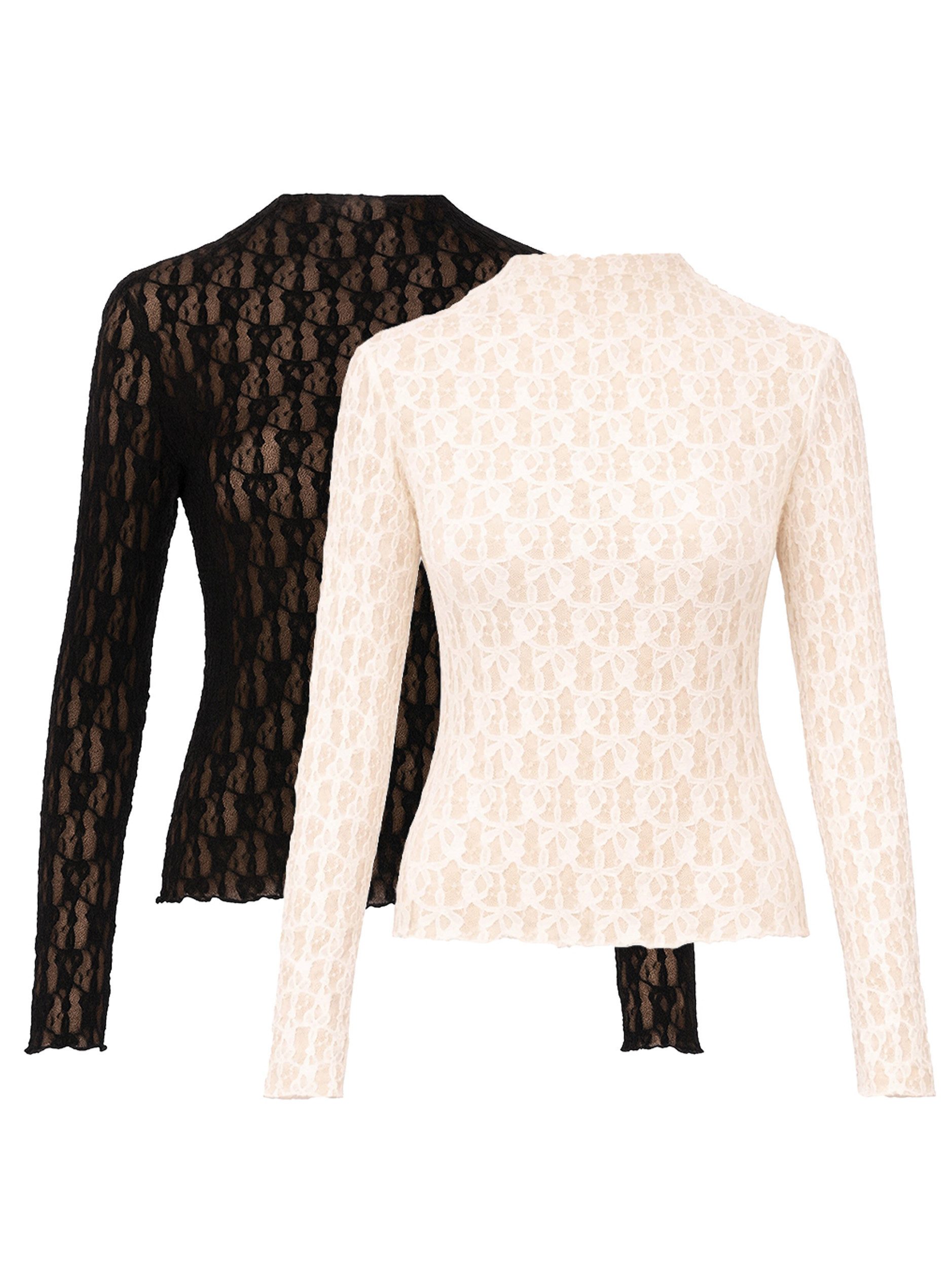 SASSYCLASSY Langarmshirt Spitzenshirt Set für Damen Figurbetonte Shirts in floralem Muster mit Rundhals Schwarz-Creme