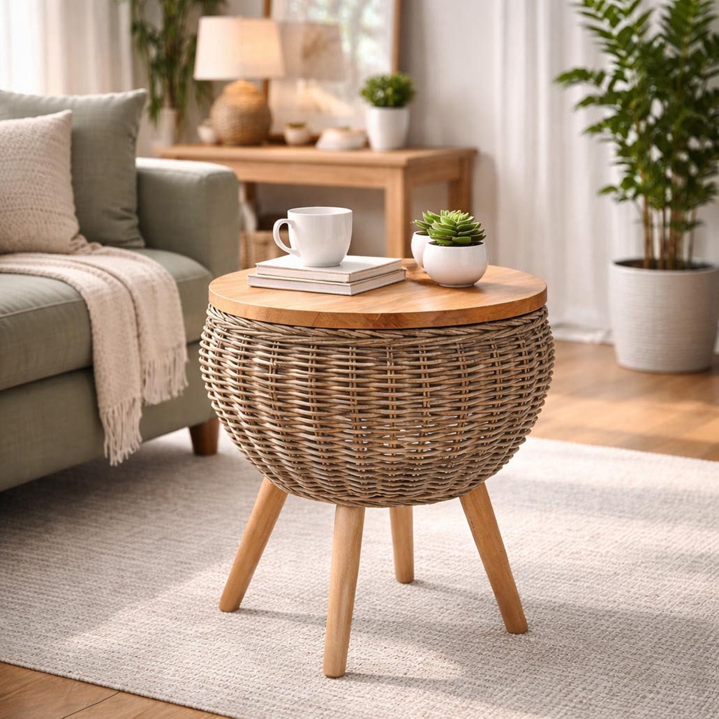 Kobolo Beistelltisch Tisch Sofatisch ALINA aus Mahagoni Holz und Rattan (Einzelstück, 1-St., Einzelstück), Dm. 52,50 x H 58,50 cm