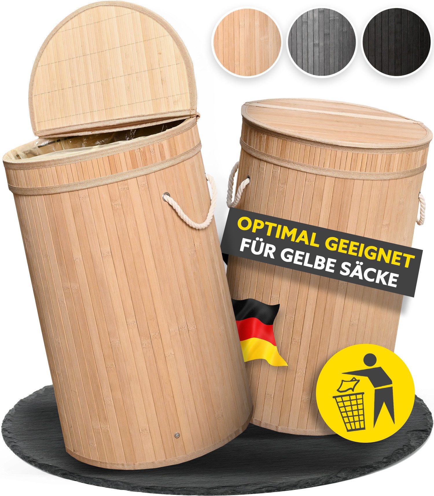 HANDFILL Flaschensammler Wäschekorb, Pfandflaschensammler & für Gelbe Säcke Rund Bambus 55L (Mehrzweck Bambusständer Set für Gelbe Säcke, Pfandflaschen & Wäsche, Bambus Pfandflaschen- & Wäschesack-Ständer Set für Zuhause), Vielseitiger Bambus