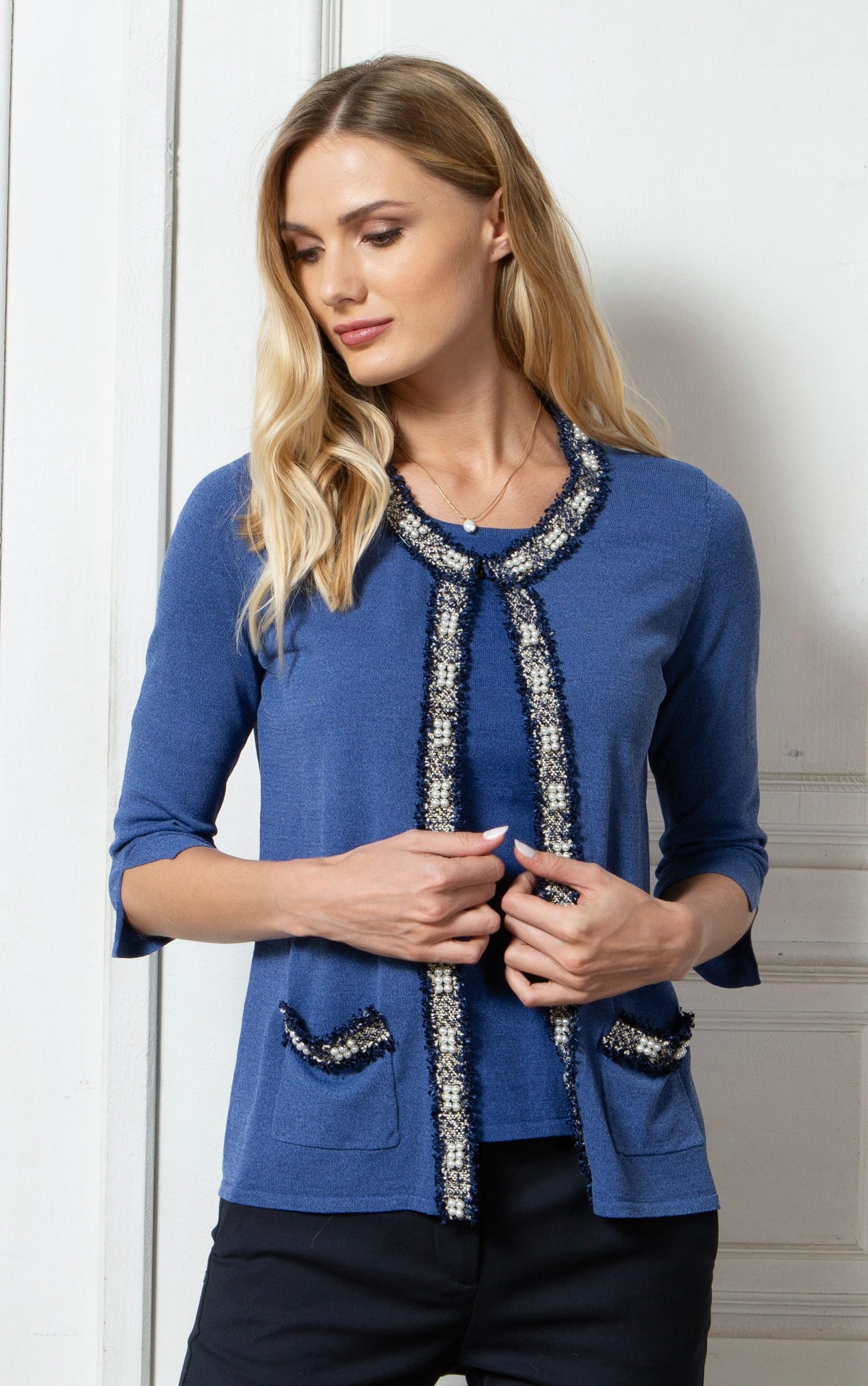 Passioni Cardigan Twinset mit Bouclé- und Perlenbesatz günstig online kaufen