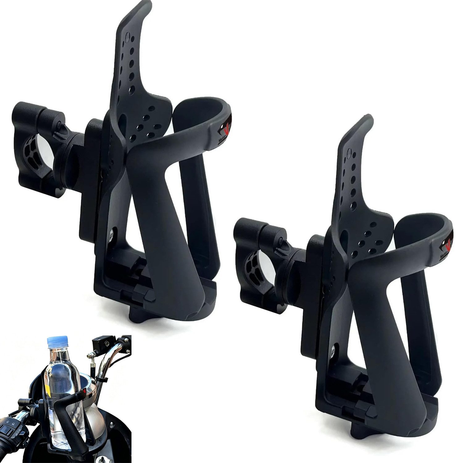 MOPUEA Flaschenhalter Motorrad Flaschenhalter 2er Set 360° drehbar Lenker universal, (Motorrad Flaschenhalter Lenkerhalter 360° drehbar, Universeller Flaschenhalter für Motorrad Fahrrad E-Scooter), 360° drehbar, Schnellmontage, rutschfest, robust, universell