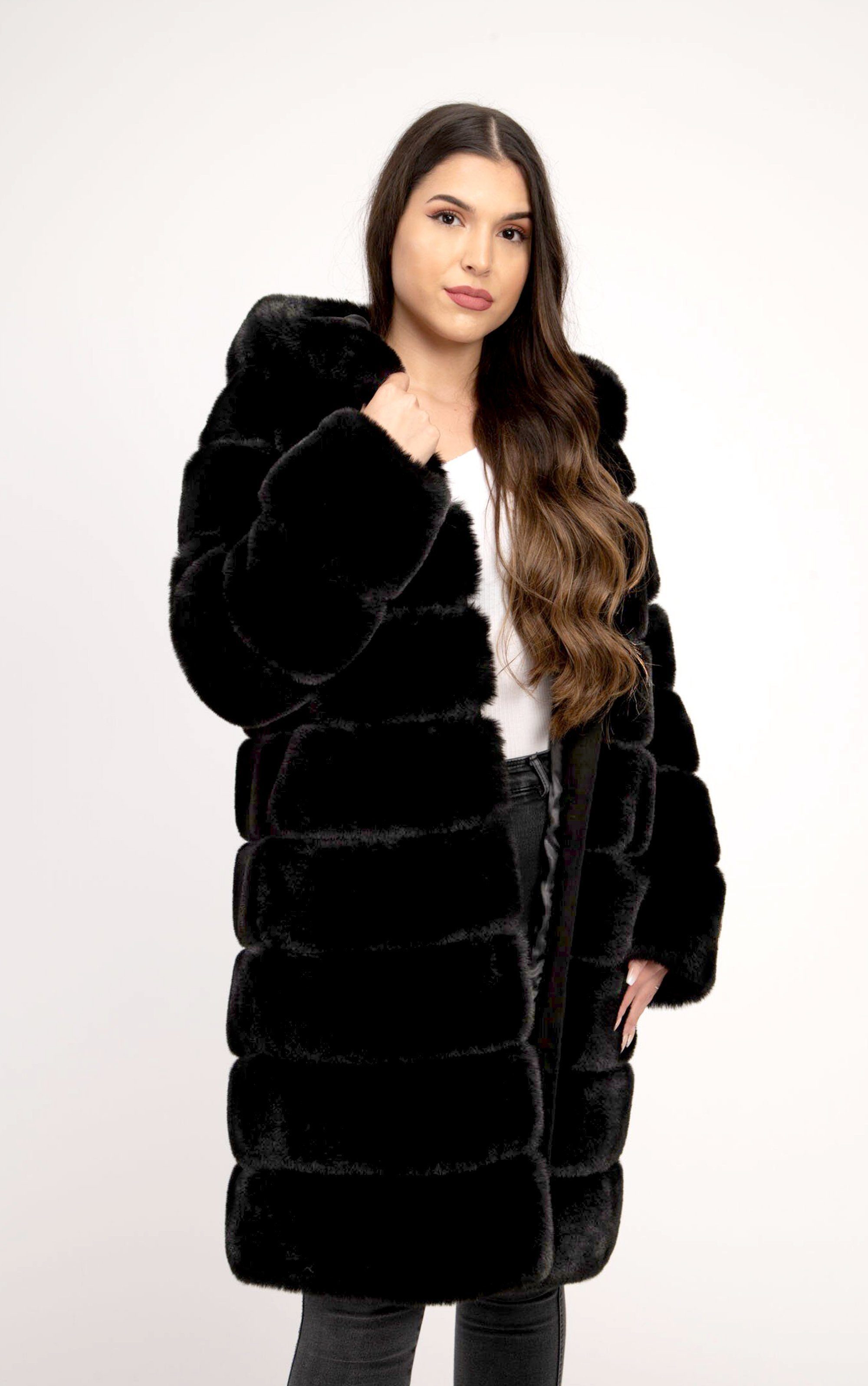 Passioni Fellimitatjacke Hochwertiger Web-Pelz Mantel Winterjacke Faux Fur Mantel mit Kapuze