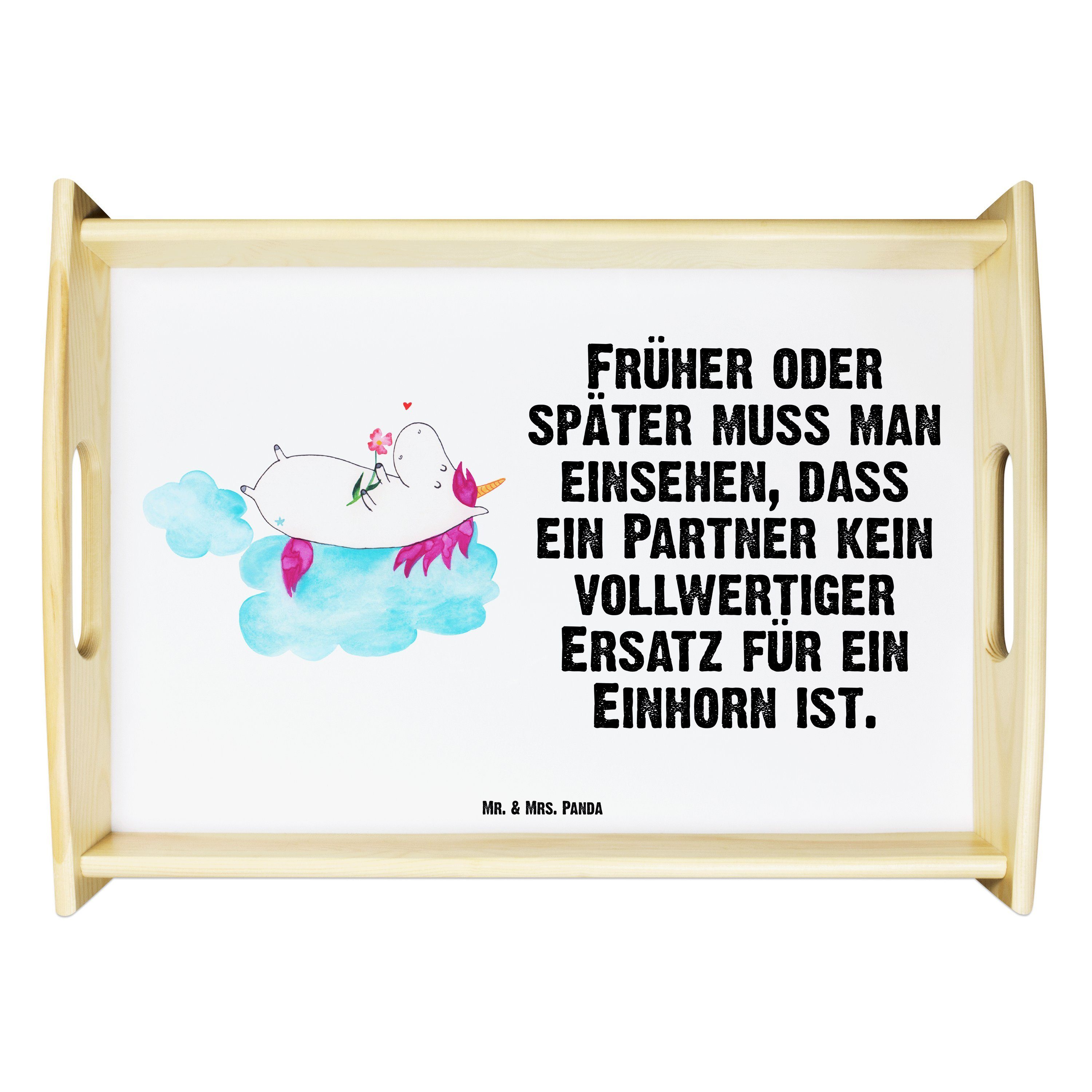 Mr. & Mrs. Echtholz Geschenk, Tablett Panda Küchentablett, - auf - Einhorn (1-tlg) verliebt Wolke lasiert, Unicorn, Weiß