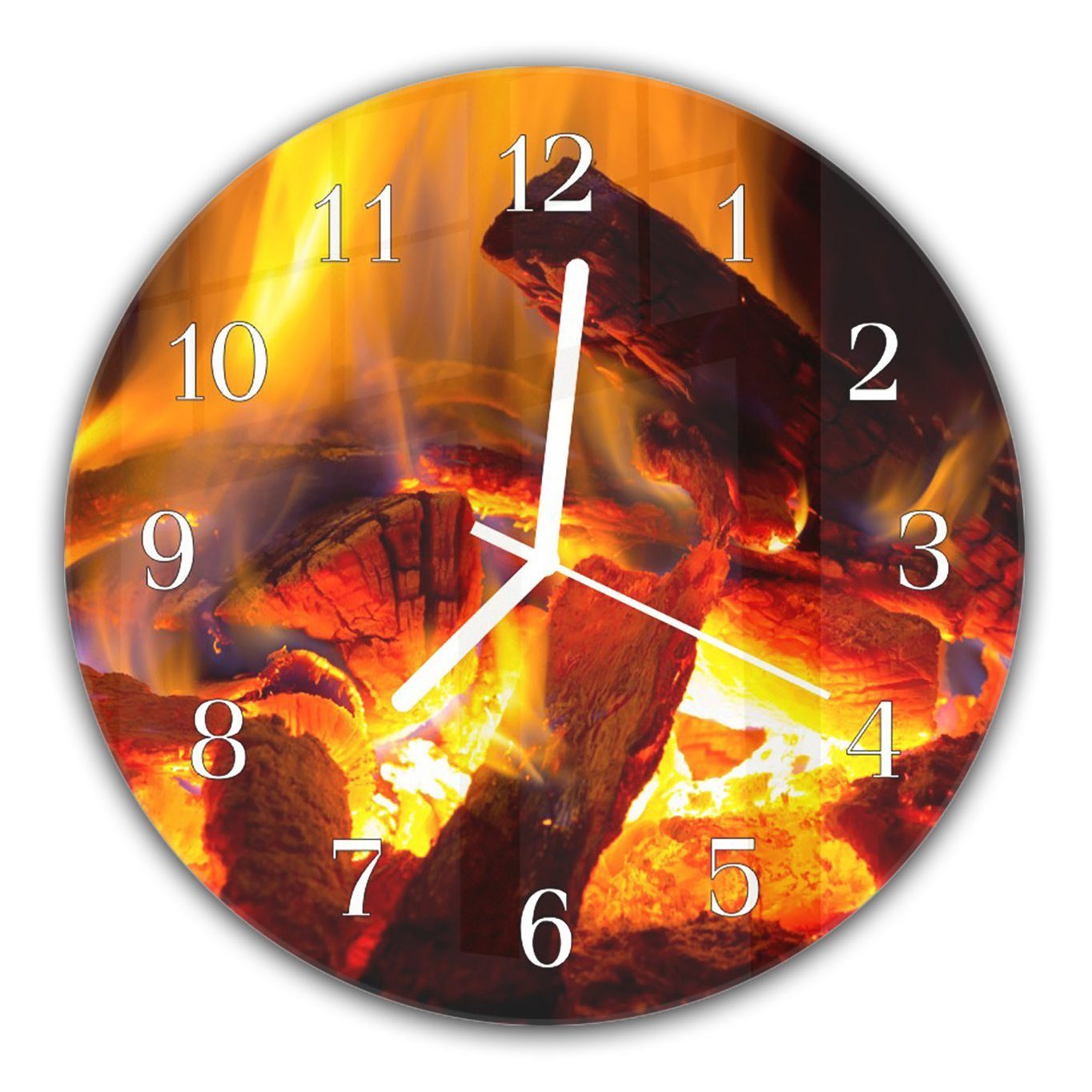 Primedeco Wanduhr Wanduhr aus Glas mit Motiv Flammen im Feuer - Rund mit Durchmesser 30 cm und Quarzuhrwerk