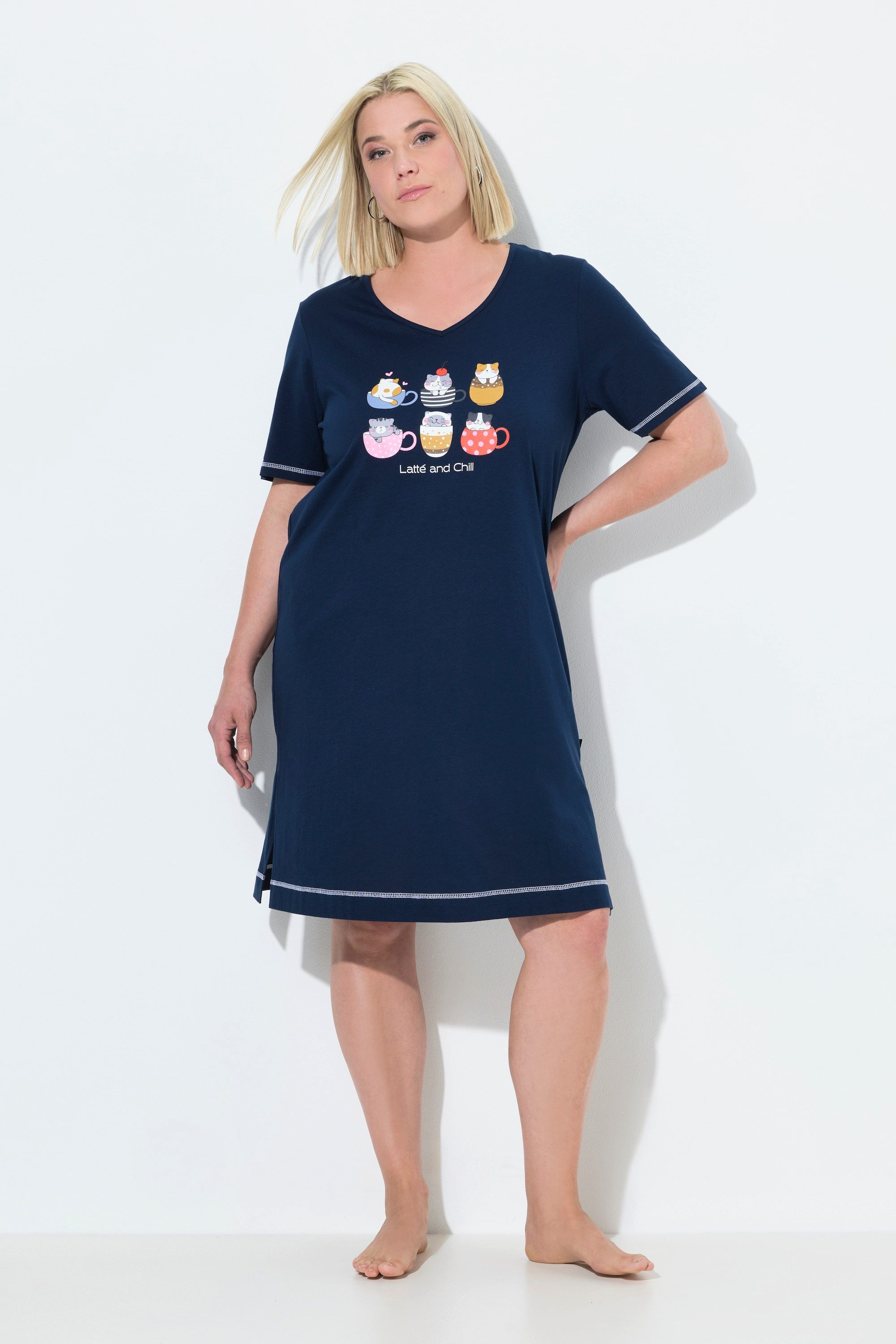 Ulla Popken Bigshirt Bigshirt platzierter Druck V-Ausschnitt Halbarm günstig online kaufen