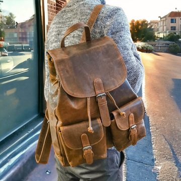 Ella Eisvogel Reiserucksack XXL Rucksack mit Überschlag, Büffel Pull-Up Vintage Leder, geölt & gewachst