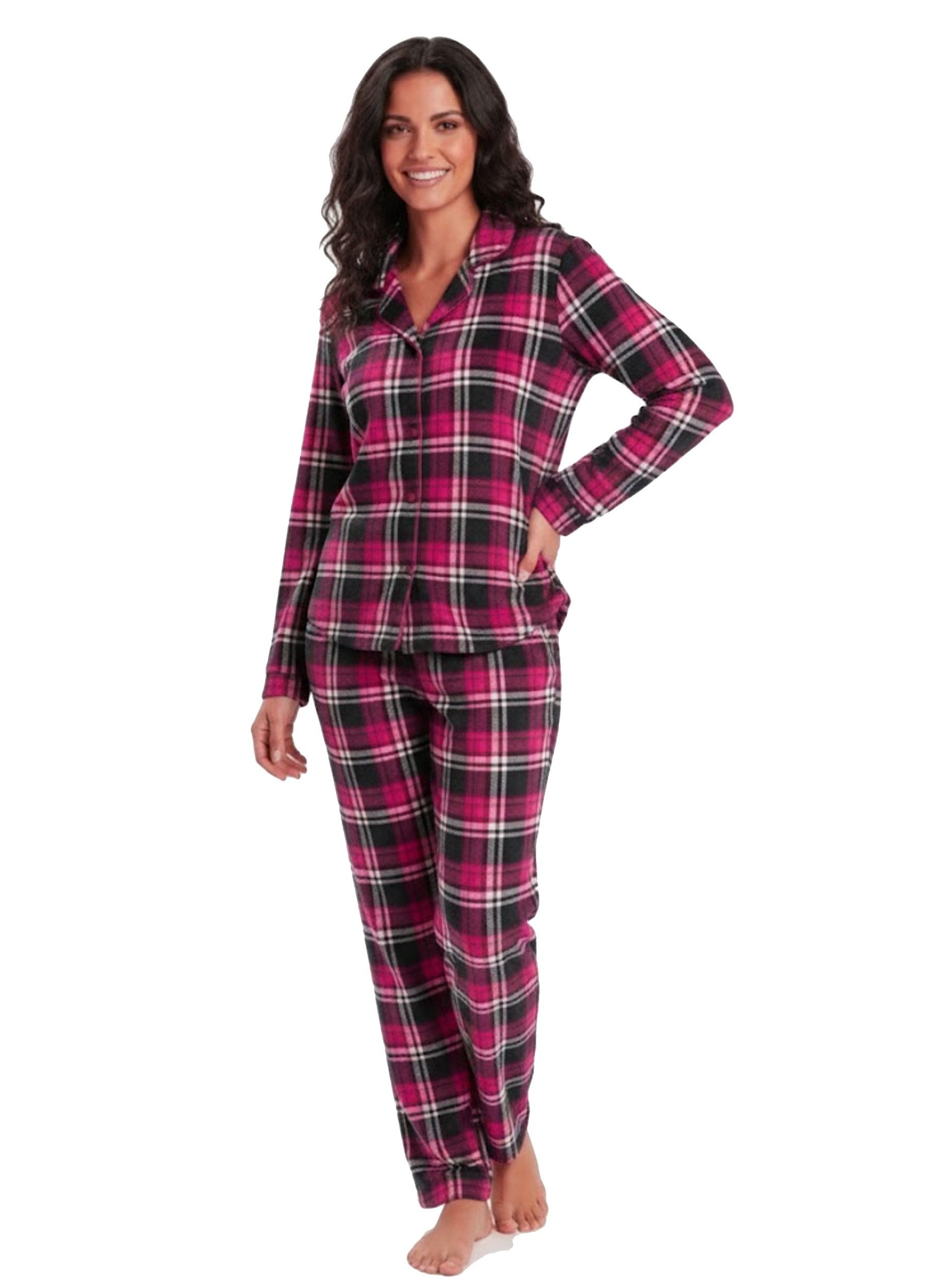 Cocain underwear Schlafanzug Damen Flauschpyjama Langarm garngefärbtes Karodesign mit Knopfleiste flauschig weich & warm