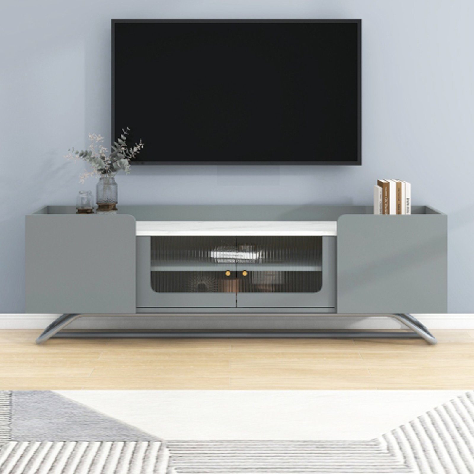 SEEZSSA TV-Schrank Modernen TV-Lowboard,TV-Ständer 150 x 30 x 47 cm. grau, (Schöne Glastür Lowboards, TV-Boards mit Regal) Fernsehschrank, Robust und zuverlässig