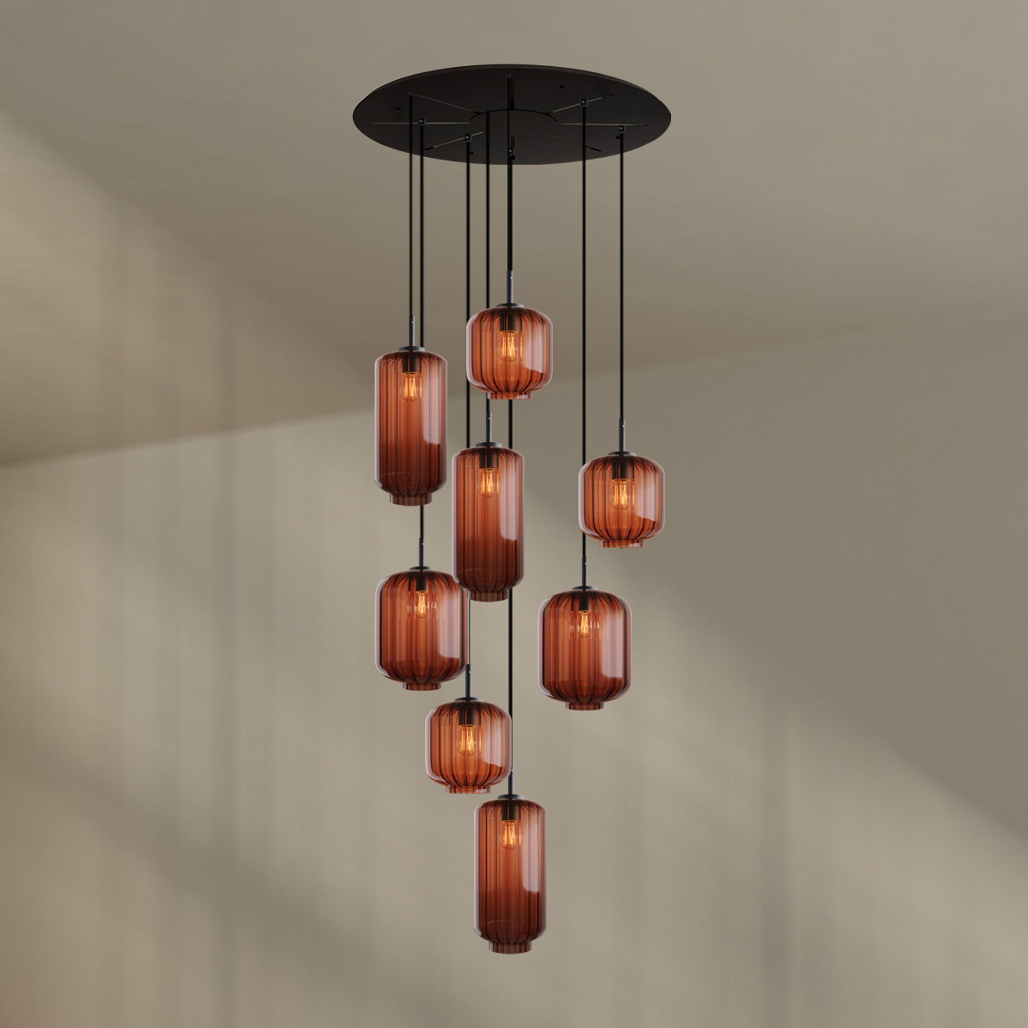 s.luce Pendelleuchte Velo Galerieleuchte 8-flg Ø80cm Baldachin Ø18/20/25cm Braun