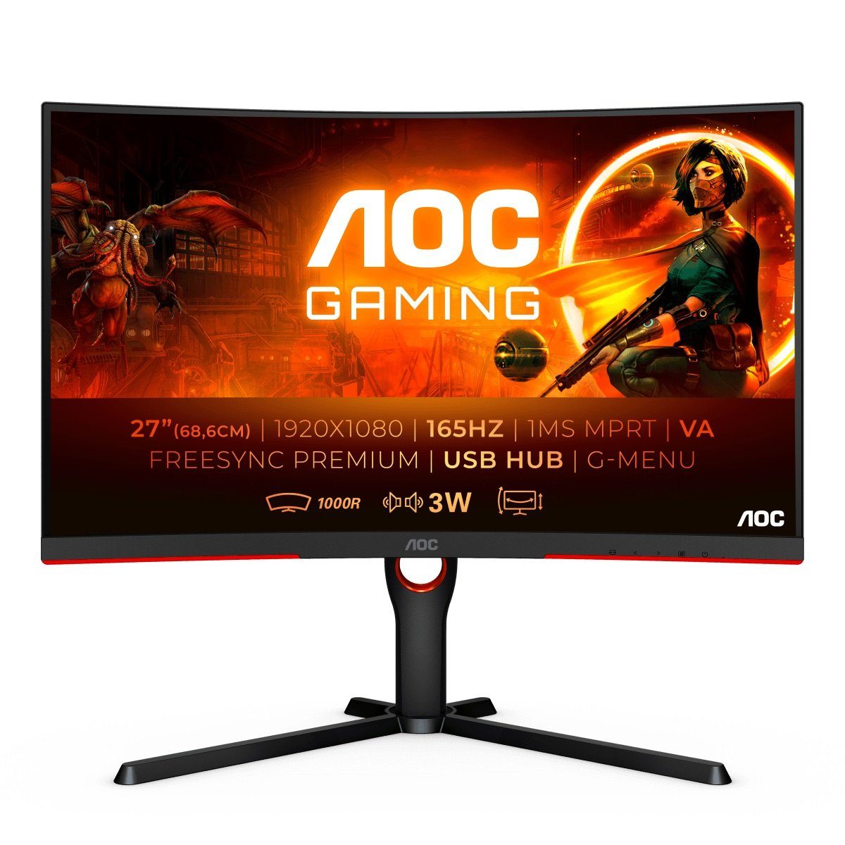 AOC C27G3U/BK Curved-Gaming-Monitor (68,6 cm/27 ", 1920 x 1080 px, Full HD, 1 ms Reaktionszeit, 165 Hz, VA LCD)