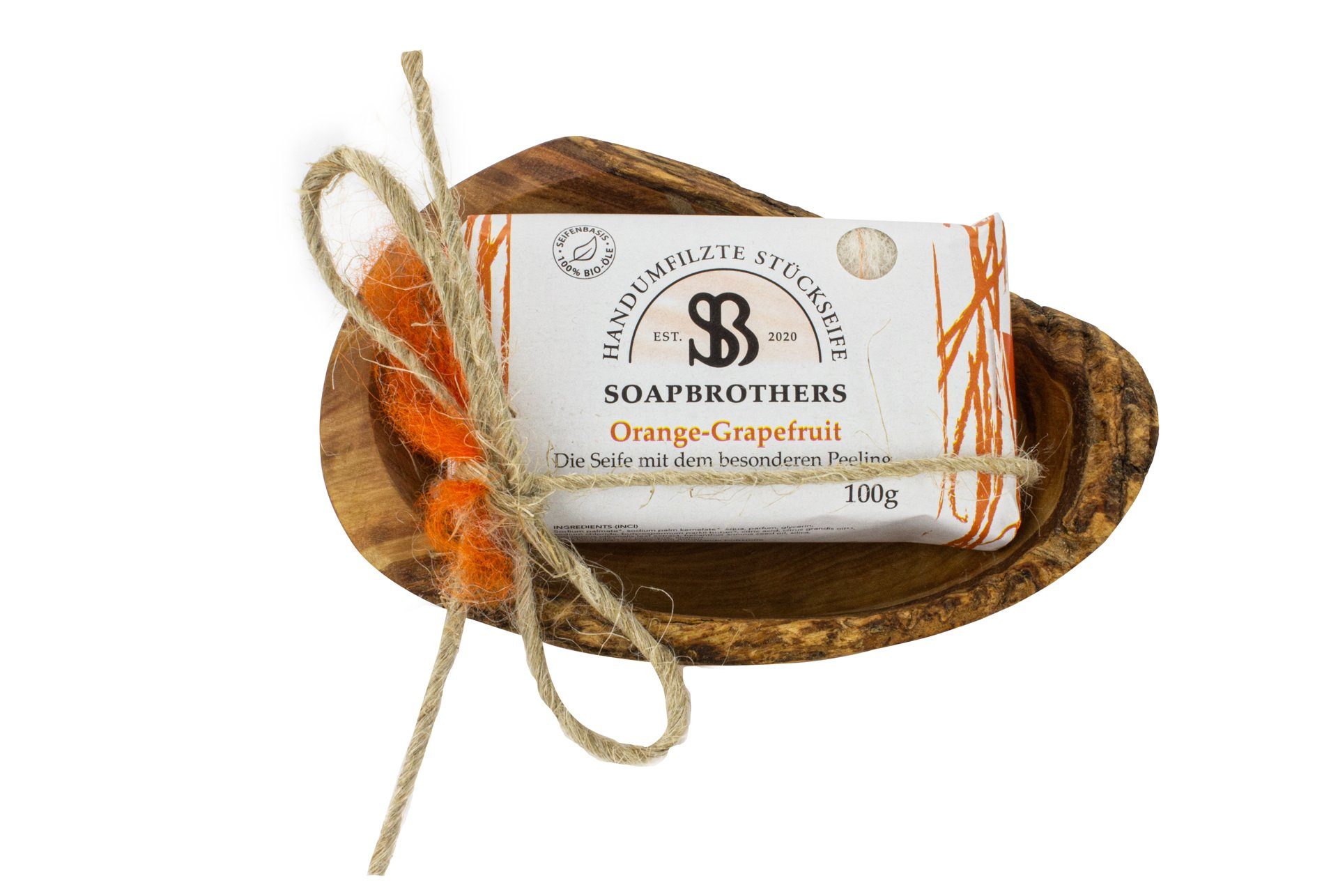 Soapbrothers Seifen-Set Geschenk-Box Naturkosmetik und Olivenholzseifenschale 8 versch. Düfte, 2-tlg., Naturkosmetik orange