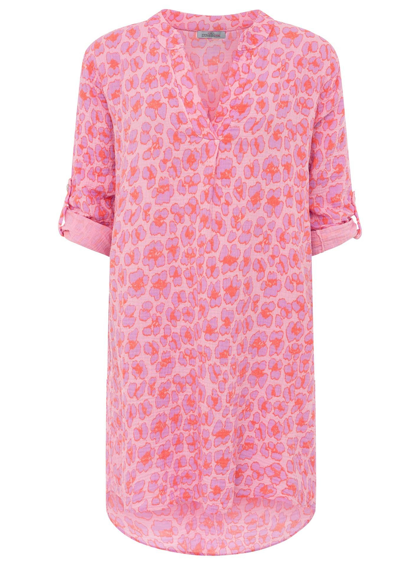 Zwillingsherz Blusentop "Rom" Turn-Up Ärmel, V-Neck. Leo-Muster, Musselin