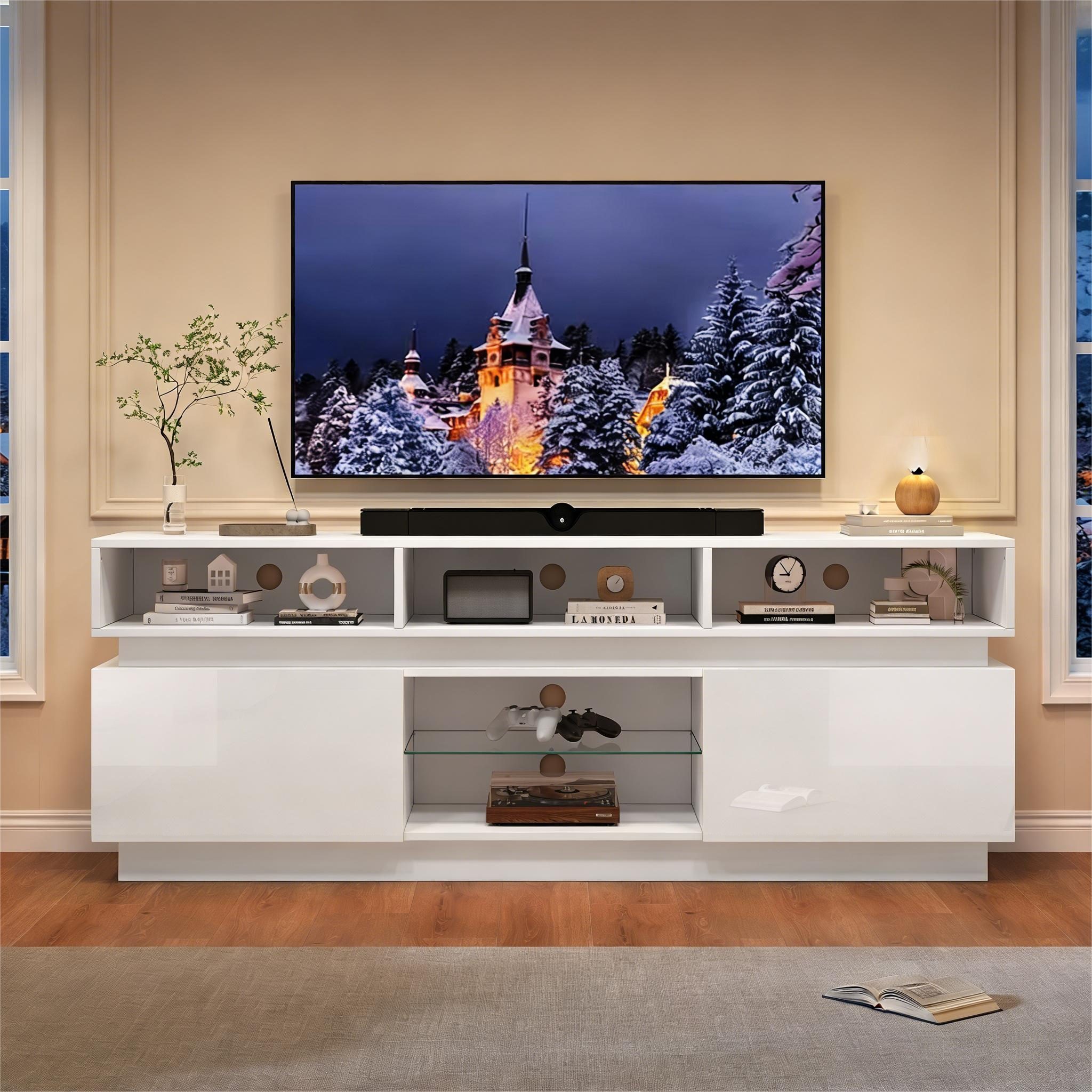OKWISH TV-Schrank Hochglanz-Lowboard mit LED-Beleuchtung (Packung, 1-St., Aus MDF, für TVs bis 60 Zoll geeignet) TV-Ständer 160x35x60cm mit Glasablage in Weiß