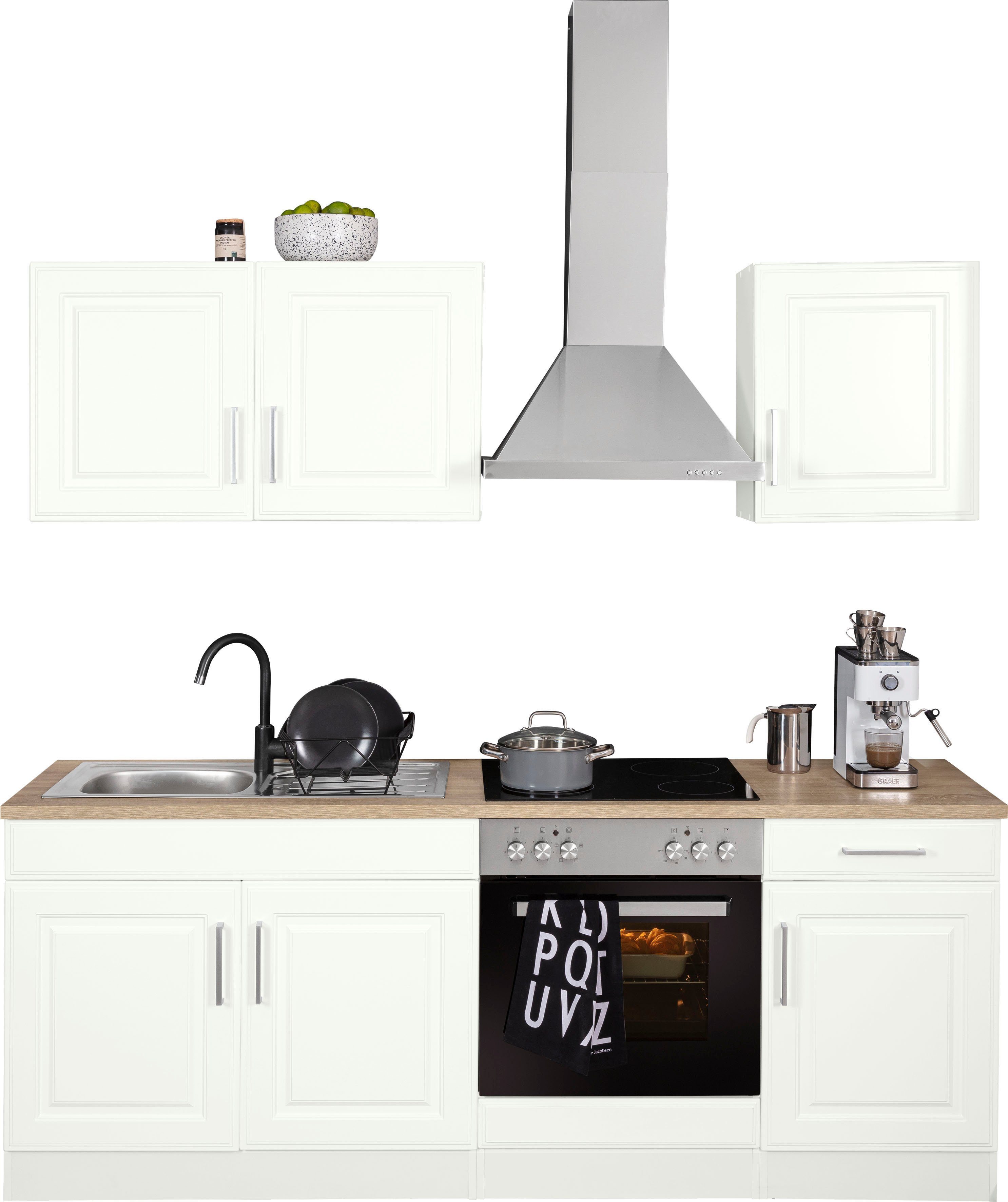 KOCHSTATION Küchenzeile KS-Stockholm – Küche mit hochwertiger und detailreicher Landhausfront, Breite 210 cm, wahlweise mit E-Geräten,mit MDF-Fronten