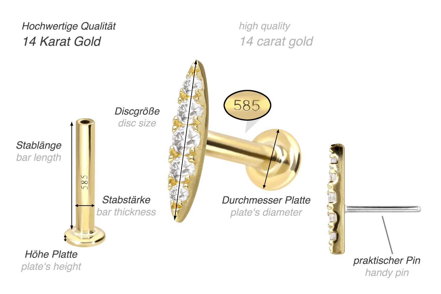 PIERCINGLINE Piercing-Set 14 Karat Gold Labret mit Push Fit MOISSANIT-OVAL (Labrets, 1-tlg)