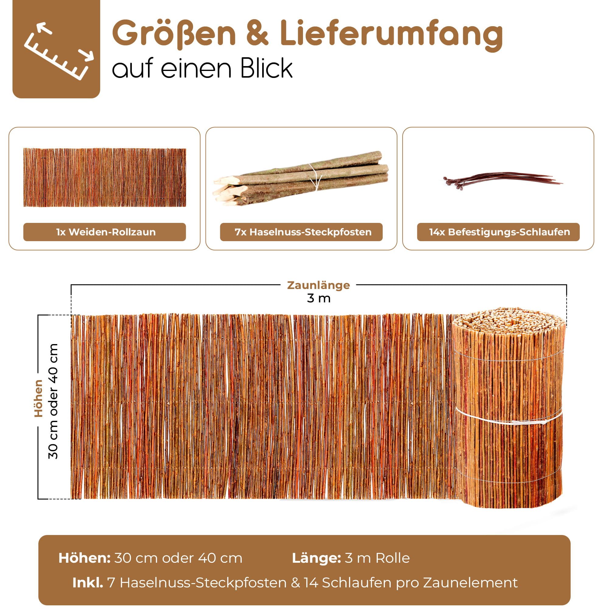 BooGardi Beetumrandung Mini Gartenzaun Holz in 2 Größen, LxH: 300x30 cm, Rasenkante flexibel · 30 cm hoch x 3 m lang, Weidenzaun · Beeteinfassung für natürliche – Bild 5 von 5