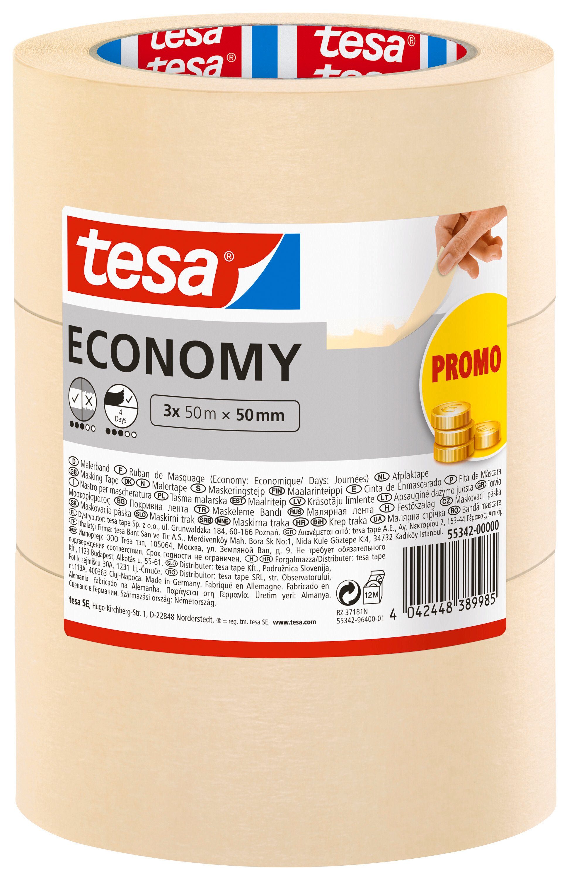 tesa Kreppband ECONOMY Malerband & Abklebeband (Spar-Set, Renovieren - beige Streichen sauberes 3-St) / für Malerkrepp