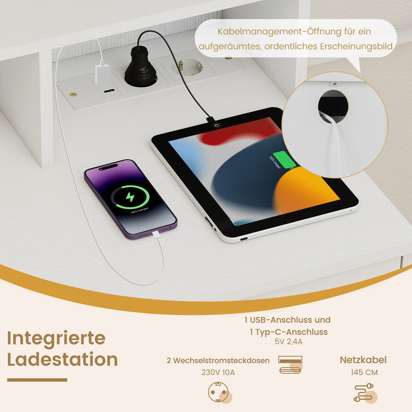 COSTWAY Schminktisch, Frisiertisch, mit Hocker, LED-Spiegel, Ladestation