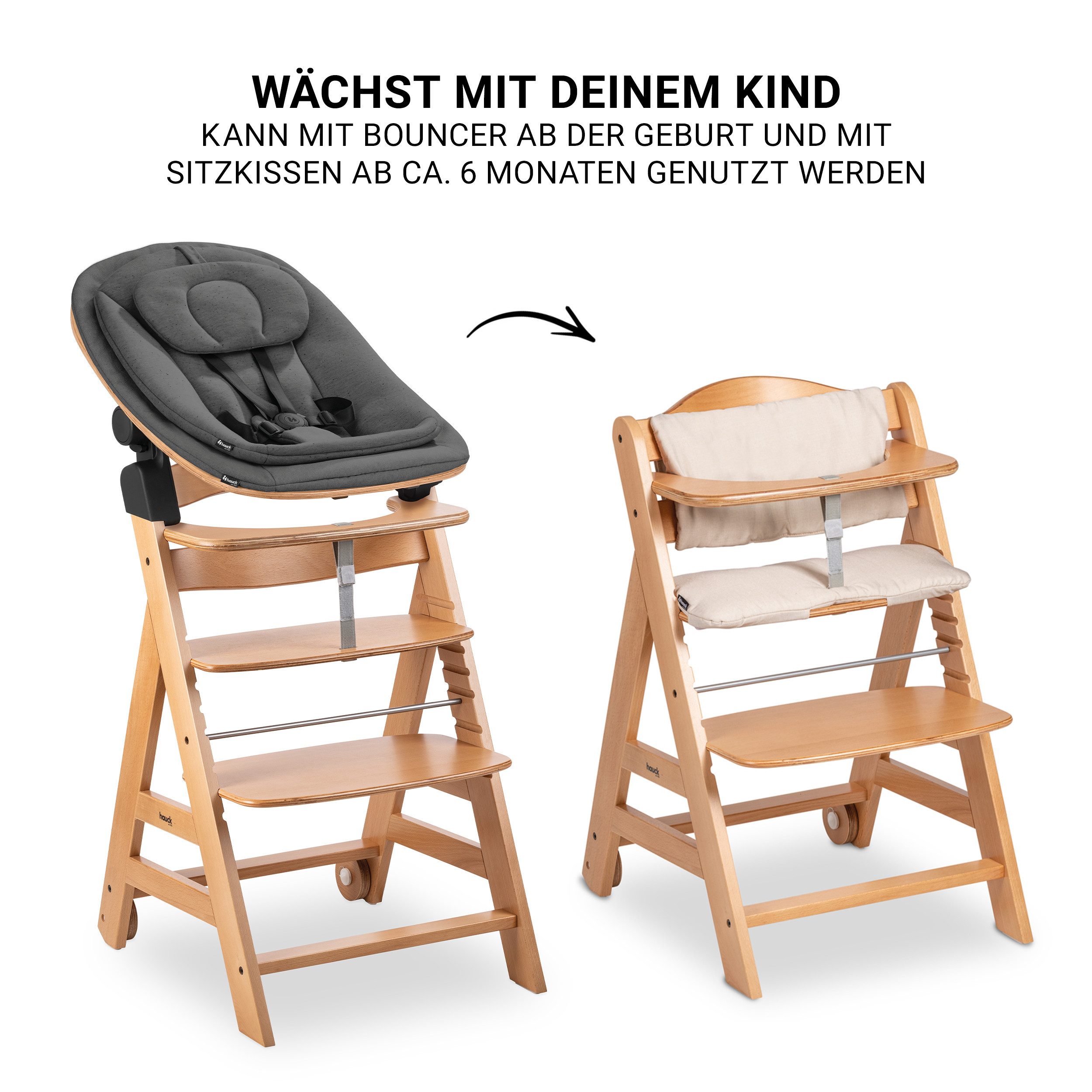 Hauck Hochstuhl Beta Plus Newborn Set Eco - Natural, Holz Babystuhl ab Geburt mit Neugeborenensufsatz, Sitzkissen, Essbrett – Bild 4 von 5