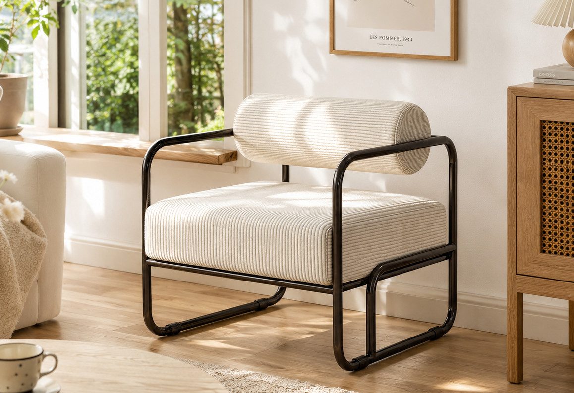 LVHOM Loungesessel Moderner Designer Loungesessel mit Cordbezug & Metallgestell (Kuschelweicher Cord, stabile Konstruktion, werkzeuglose Montage. Perfekt zum Entspannen in kleinen Räumen., Einzelner, 68.5x73x70.5 cm (LxBxH). Belastbar bis 130 kg), Industrial Design, minimalistisch, für Wohnzimmer, Schlafzimmer, Büro