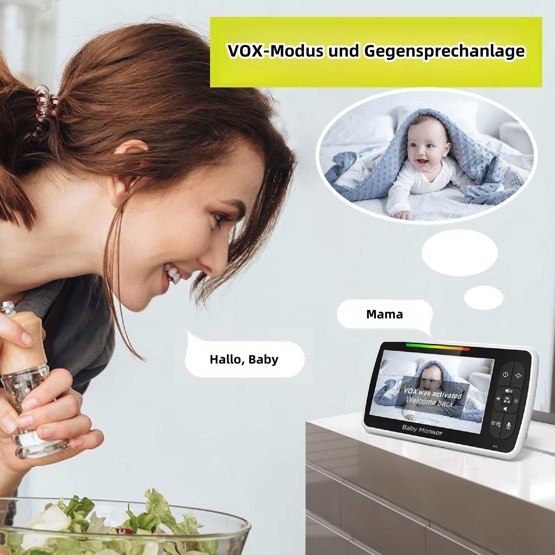BBWL Video-Babyphone Babyphone mit Kamera 5 Zoll Display, Nachtsicht, Temperaturüberwachung, VOX, 300m Reichweite, Zwei-Wege-Audio & Schlafliedfunktion