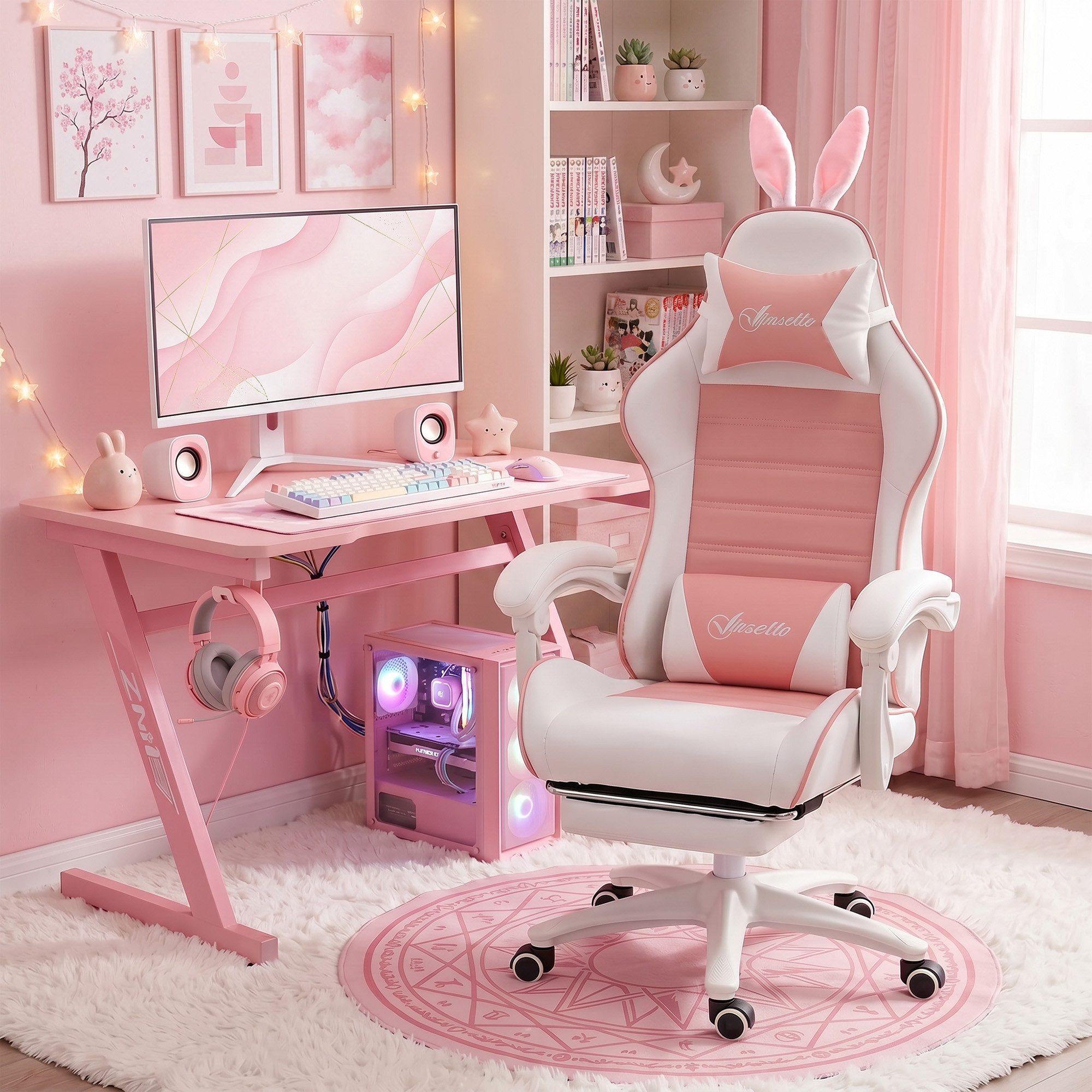 Vinsetto Gaming-Stuhl mit Lendenwirbelstütze, Fußstütze, Hasenohren, Kopfkissen (Bürostuhl, 1 St), mit verstellbar Liegefunktion, Rosa