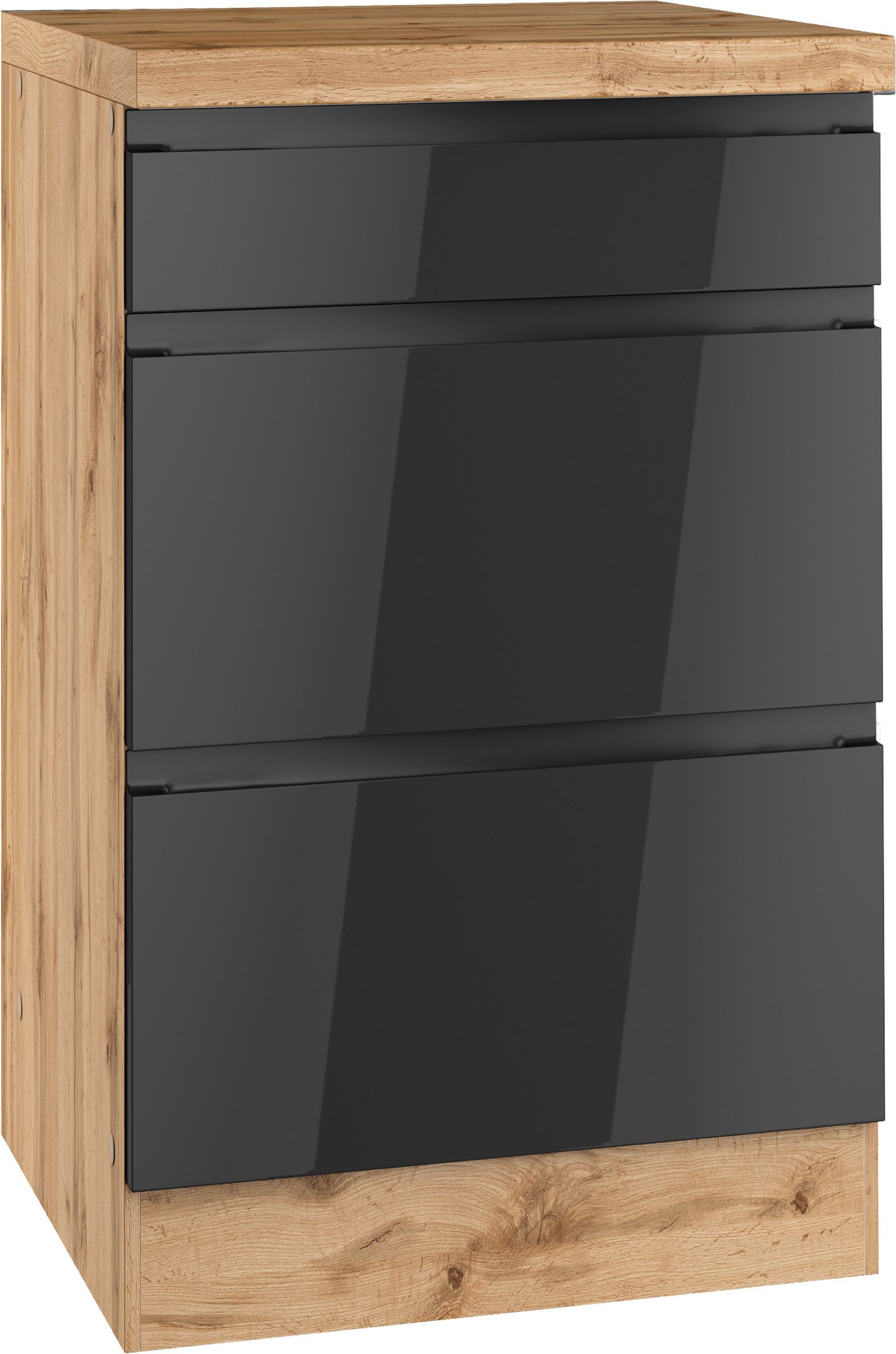 KOCHSTATION Unterschrank KS-Virginia,neu in verbesserter Ausführung (Stauraum, Softclose, mit CPL-Arbeitsplatte) Breite 50 cm, 1 Schubkasten, 2 Auszüge, Soft-Close-Funktion