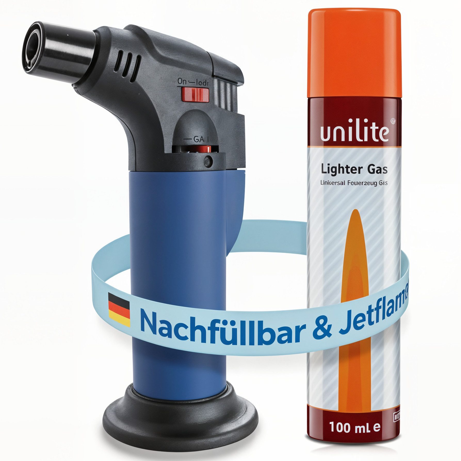 TOM Flambierbrenner Gasbrenner mit 100ml Nachfüllflasche, (2-tlg), Piezo-Zündung, 1300°C, Butan/Propan Gas