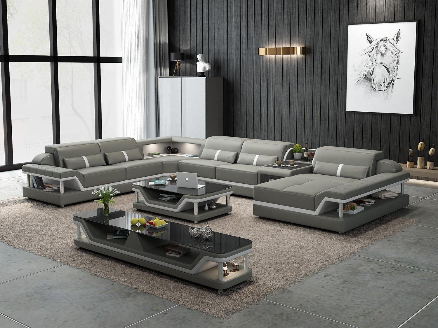 Wohnlandschaft USB Silber/Weiß Designer Ecksofa U-Form mit Couch Ecksofa, Sofa JVmoebel