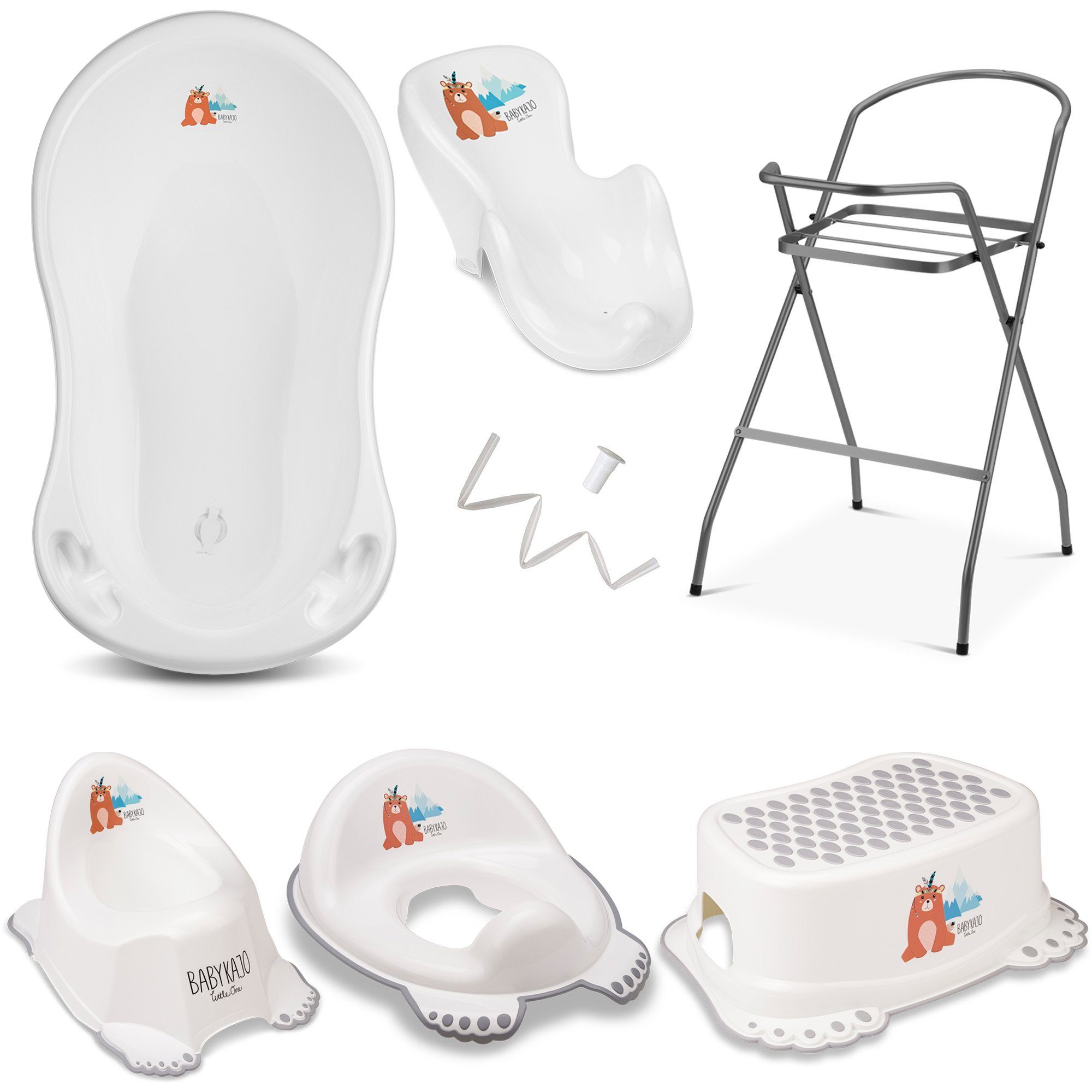 Babykajo Babybadewanne, (Teile, 7-tlg), Baby Badewanne mit Gestell + Badesitz + Töpfchen + Hocker + WC Trainer