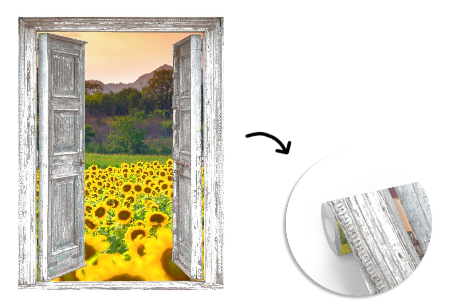 Ansicht, Blumen Abend Vinyl MuchoWow Sonnenblume Montagefertig St), bedruckt, (4 - - Fototapete für - Wandtapete Wohnzimmer, Matt, Tapete