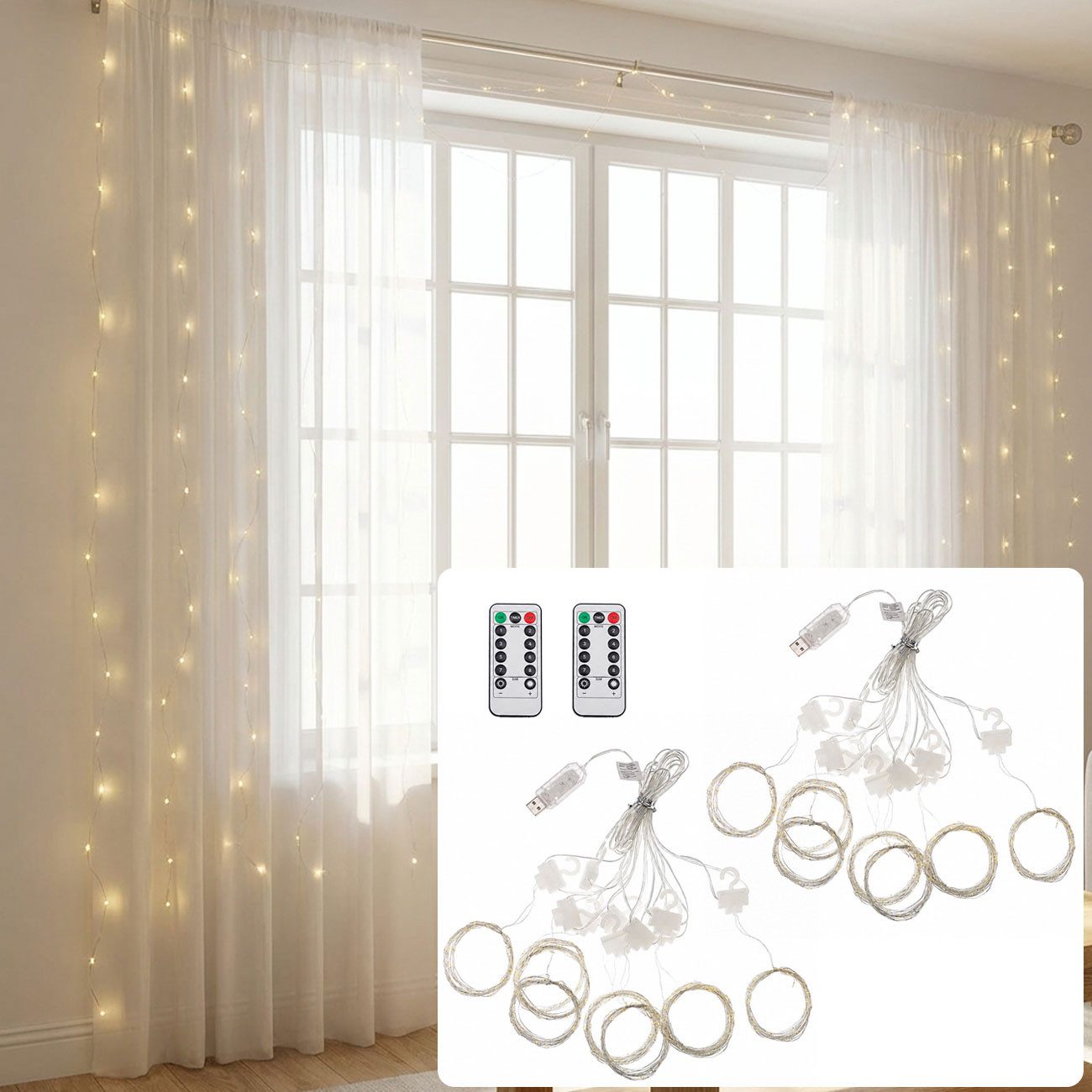 shop'n smile ideoon LED-Lichtervorhang LED Lichtervorhang 3x3m 300 LEDs Warmweiß 8 Modi Timer Dimmbar, Fernbedienung, USB-Anschluss, flexibel formbar, 1/2 St.