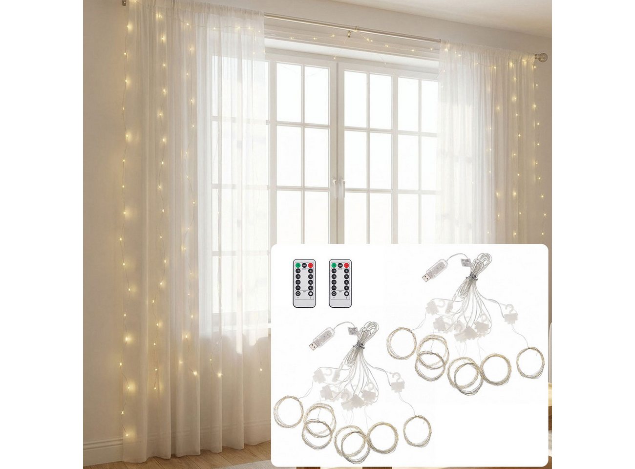 shop'n smile ideoon LED-Lichtervorhang LED Lichtervorhang 3x3m 300 LEDs Warmweiß 8 Modi Timer Dimmbar, Fernbedienung, USB-Anschluss, flexibel formbar, 1/2 St.
