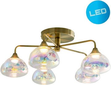 näve LED Deckenleuchte Varna, LED fest integriert, Warmweiß, 5 flg. irisierendes Glas incl. LEDs warmweiß Gestell messing