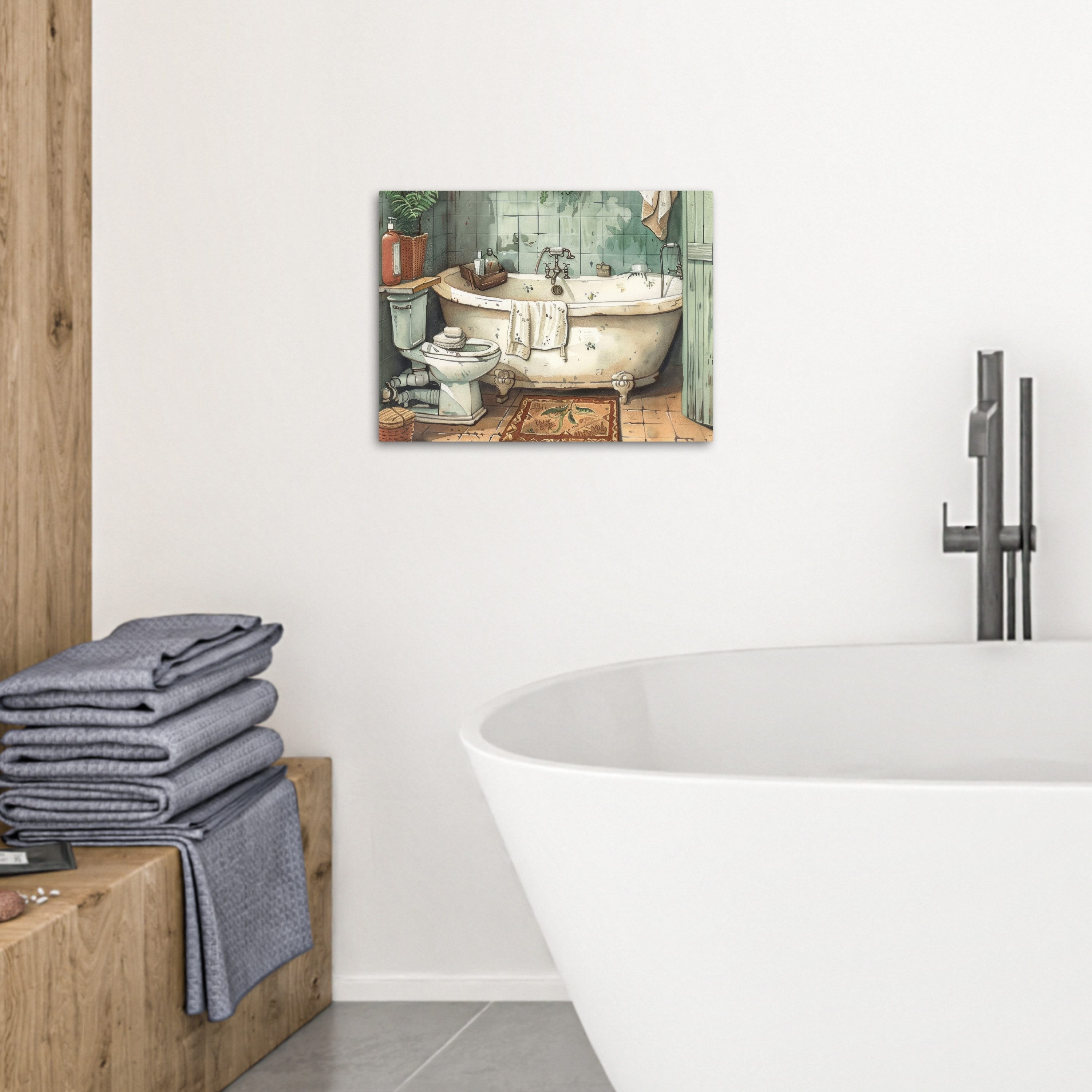 OneMillionCanvasses® Leinwandbild Vintage - Badewanne - Badezimmer - Illustration, Fotodruck (1 St), Badezimmer Deko, Klo Bilder, WC und Badezimmerdeko 40x30 cm