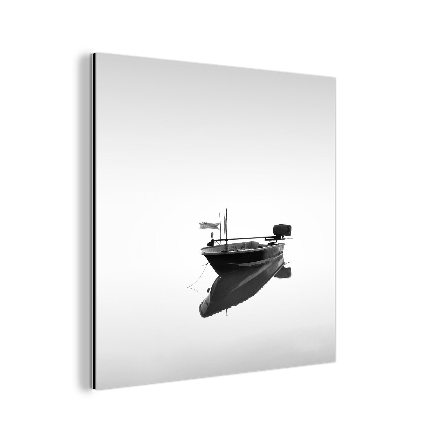 MuchoWow Metallbild Boot in ruhigem Wasser schwarz und weiß drucken, (1 St), Alu-Dibond-Druck, Gemälde aus Metall, Aluminium deko