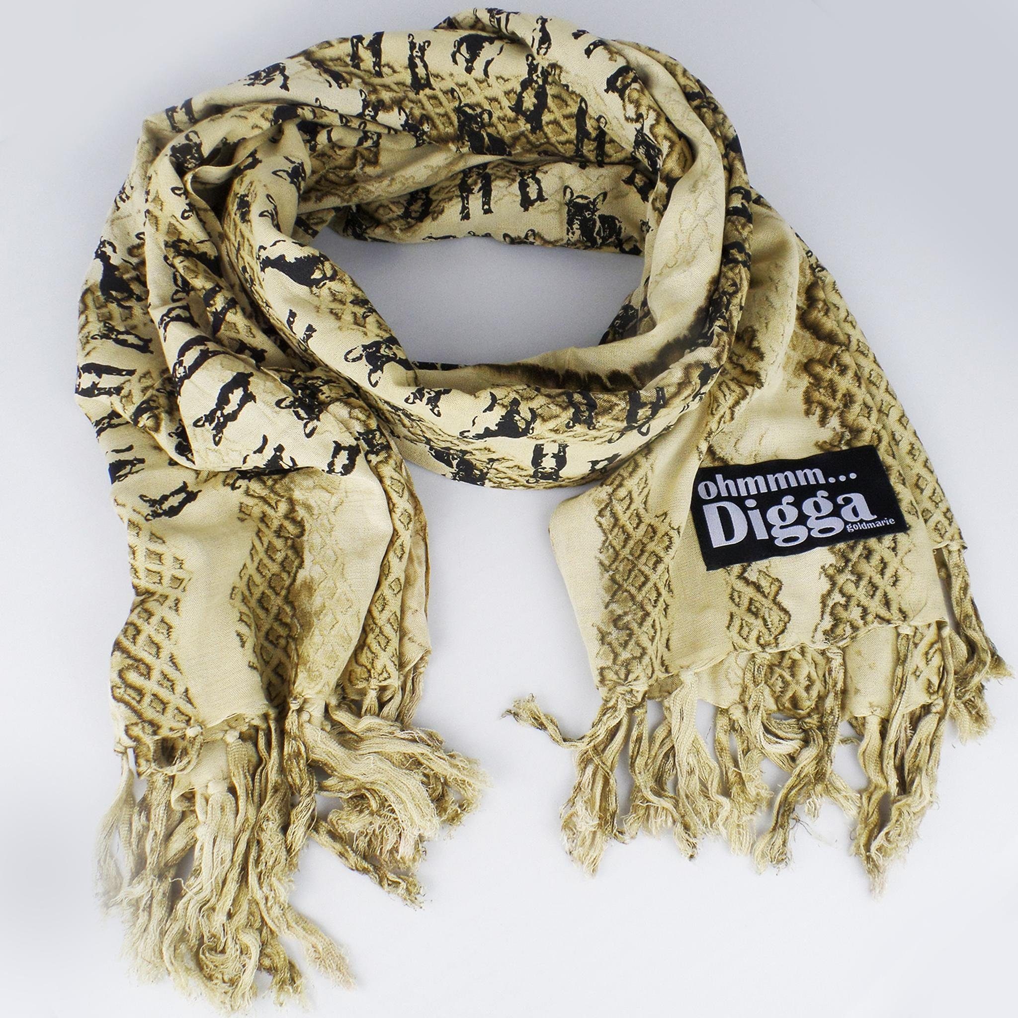 goldmarie Halstuch OHMMM DIGGA khaki-schwarz, Bulldogge Fransen Muster Animalprint Mix mit