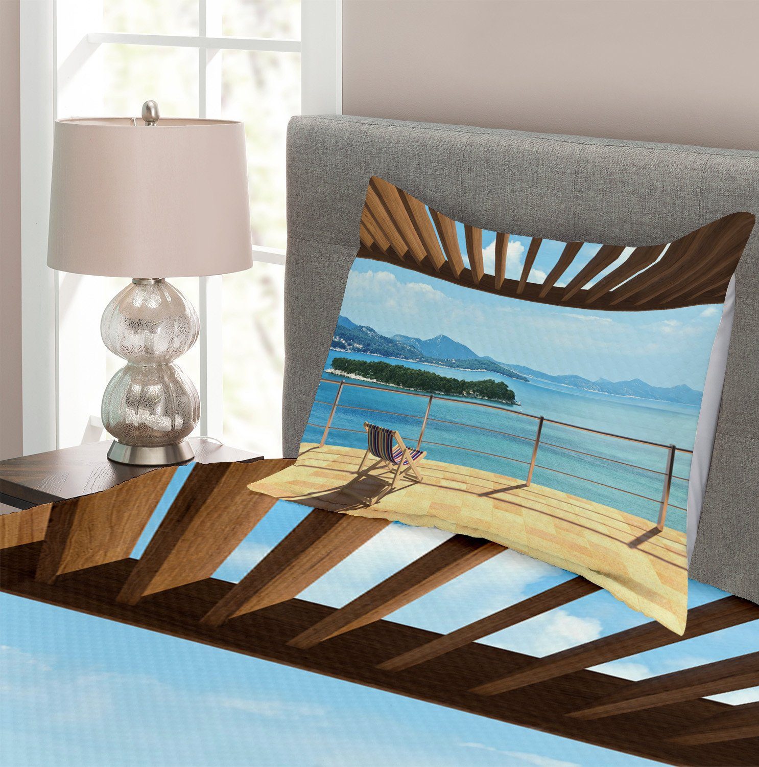 Waschbar, Set Balkon Panorama-Meerblick Tagesdecke Kissenbezügen Ozean mit Abakuhaus,