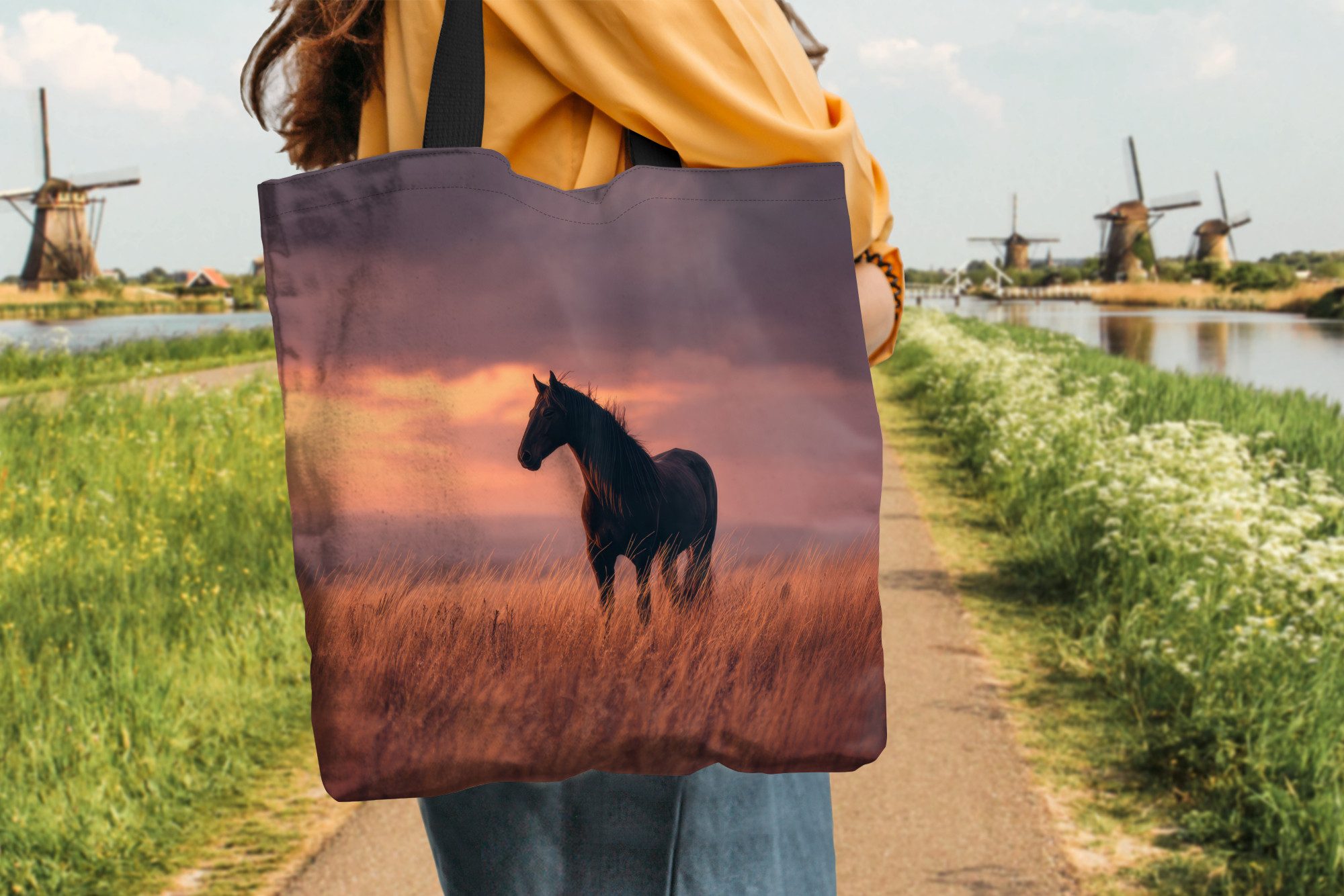 MuchoWow Shopper Pferd - Wolken - Offenes Feld, Handtasche, Damen und Herren, Schultertasche, Umhängetasche, Tote Bag