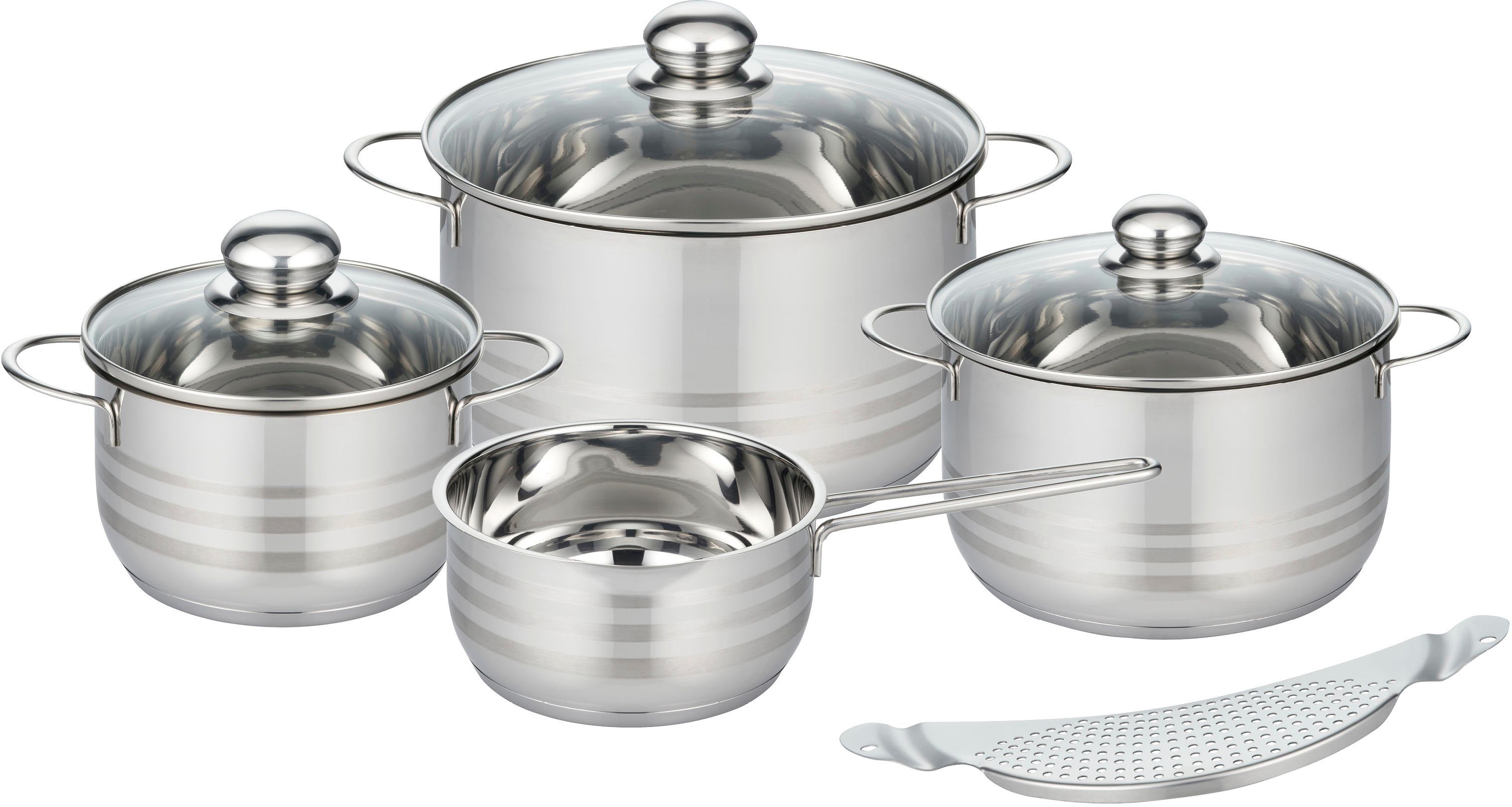 Elo Basic Topf-Set Brilliant, Edelstahl (Set, 8-tlg., je 1 Fleischtopf mit Deckel Ø 16/20/24 cm, 1 x Stielkasserolle Ø 16 cm), Induktion, inkl. Abgießhilfe