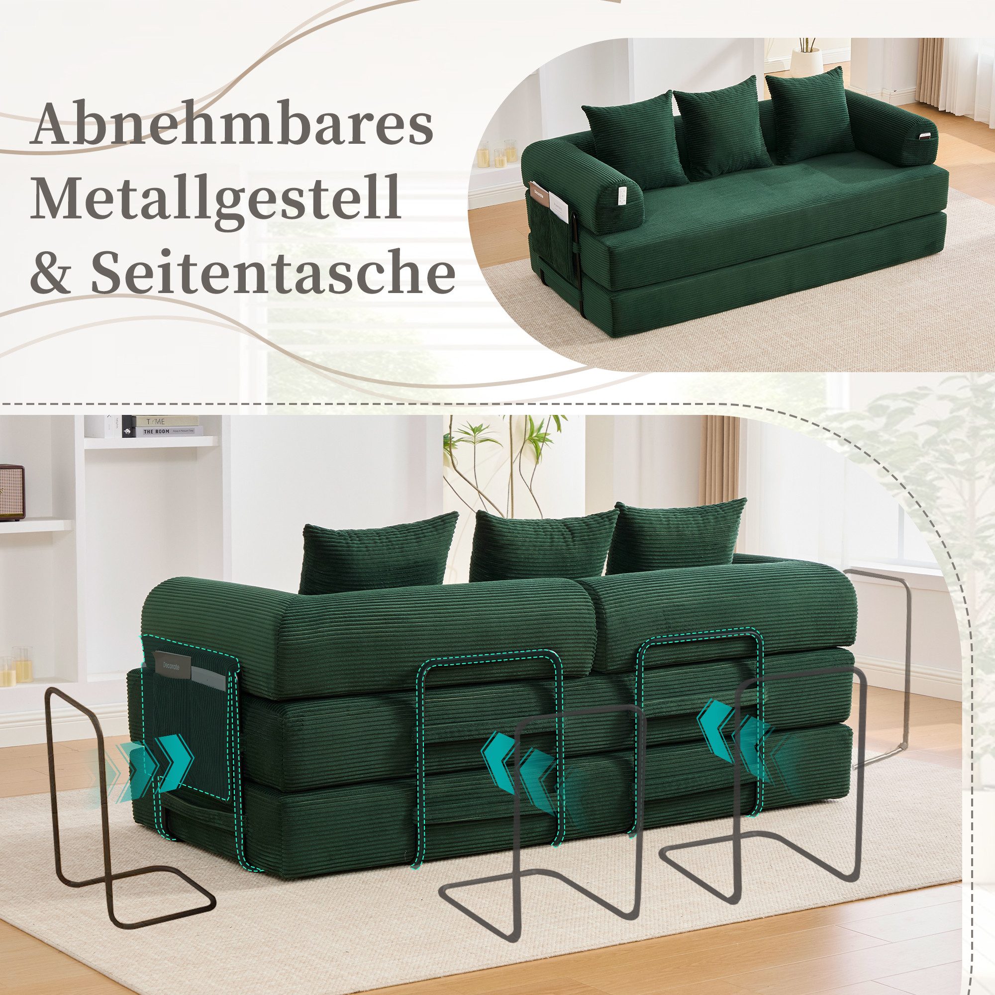 MODFU Sofa Faltbares Loungesofa mit robustem Metallrahmen, Stoffbezug, drei günstig online kaufen
