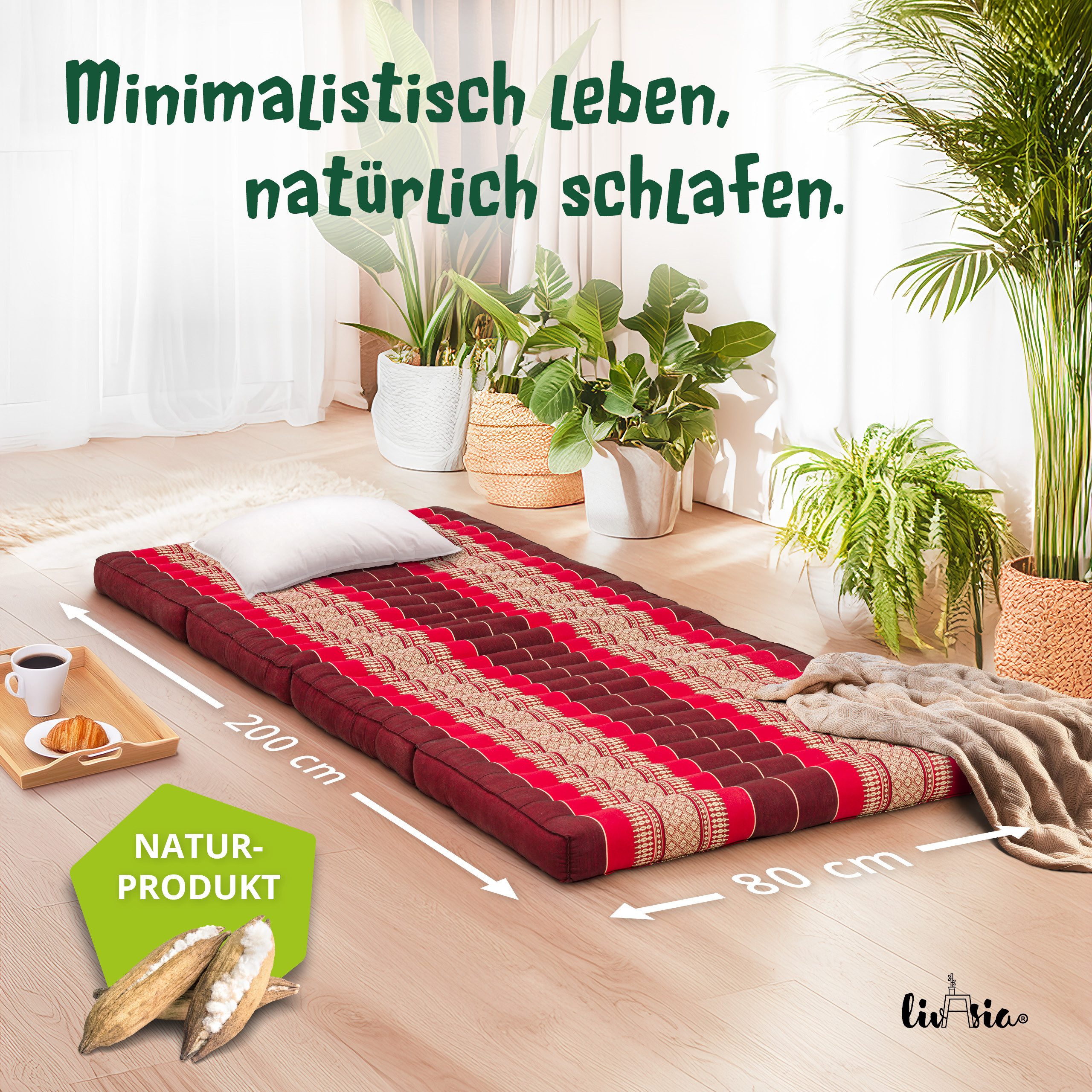 Klappmatratze Faltmatratze 80 cm (Classic) - 200x80x8cm, livasia, 8 cm hoch, Kapok, vegan, handgefertigt