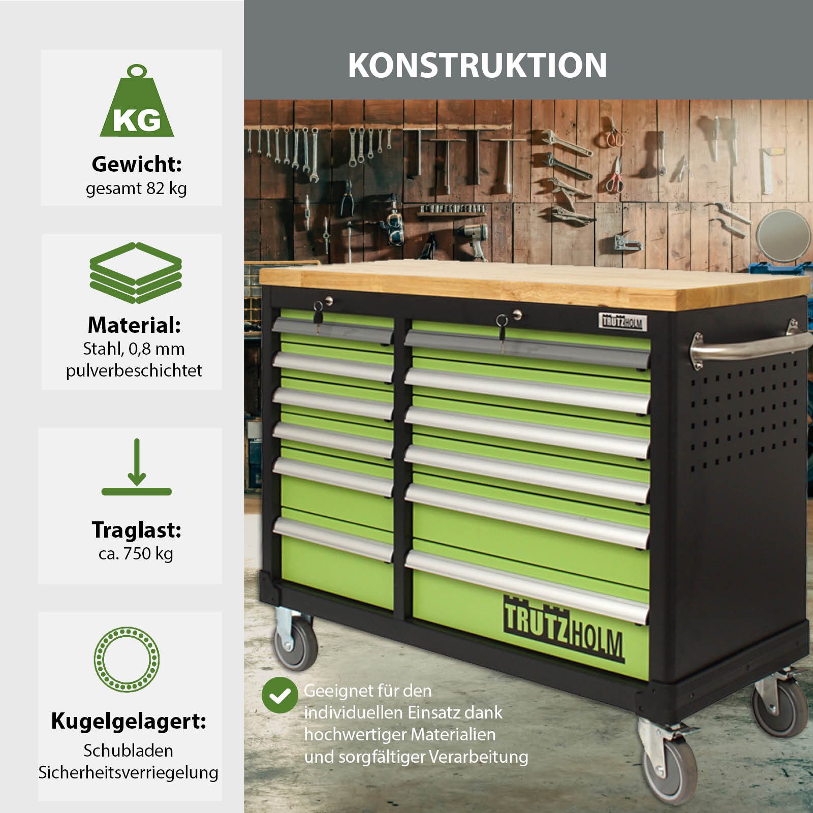 TRUTZHOLM Werkstattwagen DELUXE 2 x 6 Schubladen bestückt 92x123 cm mit massiver Arbeitsplatte, Profi Schubladenauszüge bis 40kg Tragkraft