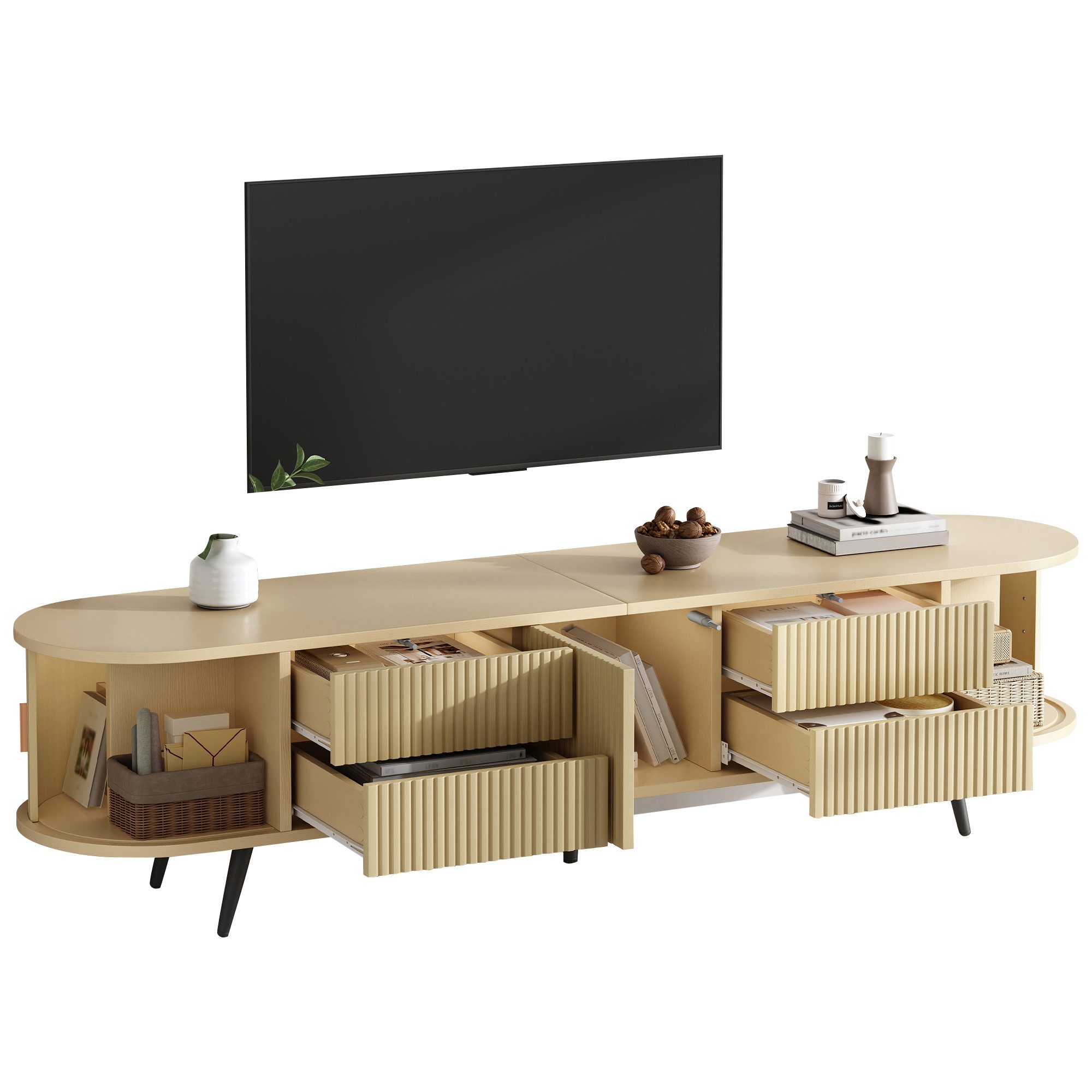 Merax Lowboard Ovaler TV-Ständer mit Vertikalen Streifen (1 St), TV-Schrank mit 4 Schubladen, 2 Rollladentüren & Stauraum, 180x40x45cm – Bild 2 von 5