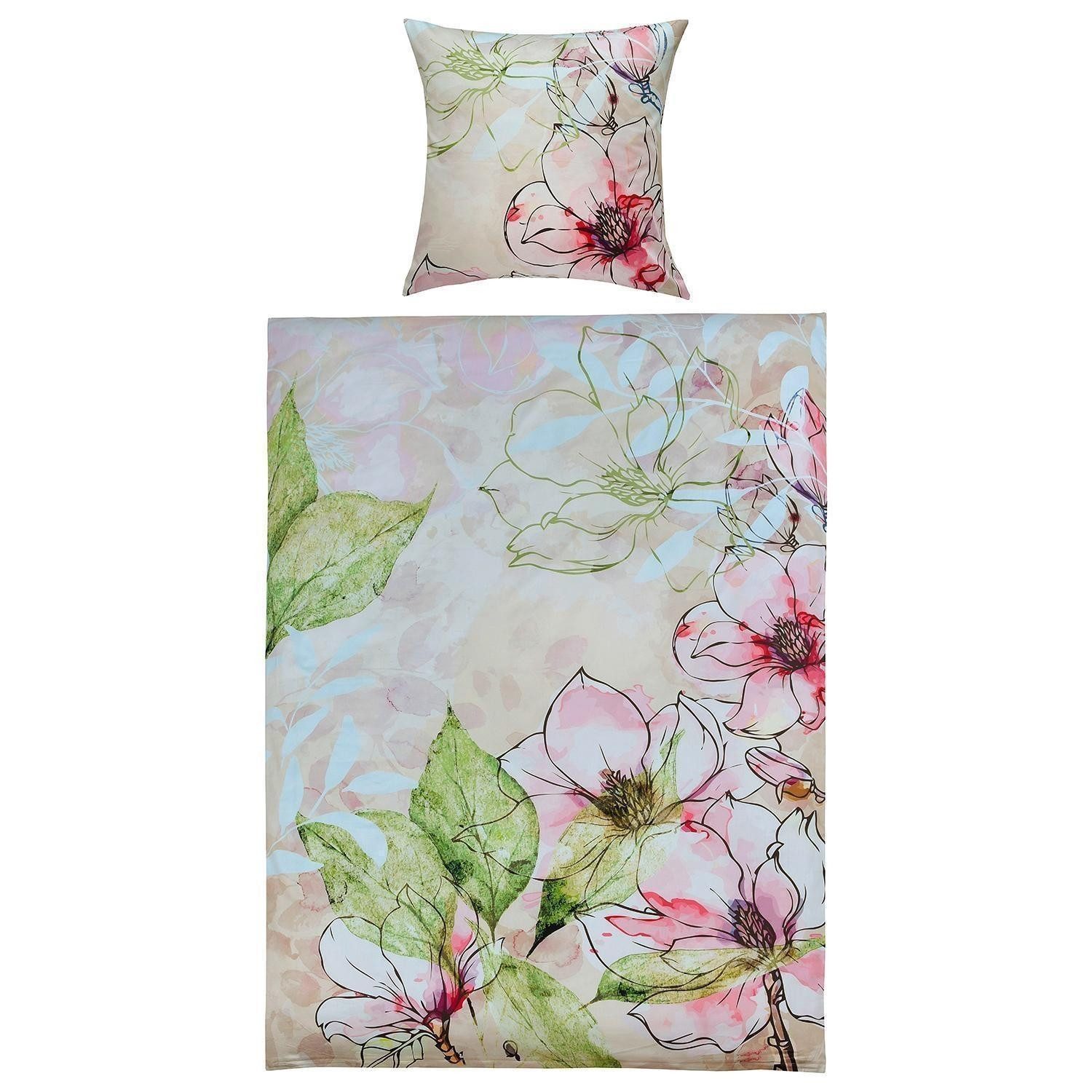 casa NOVA Bettwäsche RITA, 135 x 200 cm, Weiß, Rosa, Grün, Violett, Satin, 2 teilig, florales Muster, mit Reißverschluss
