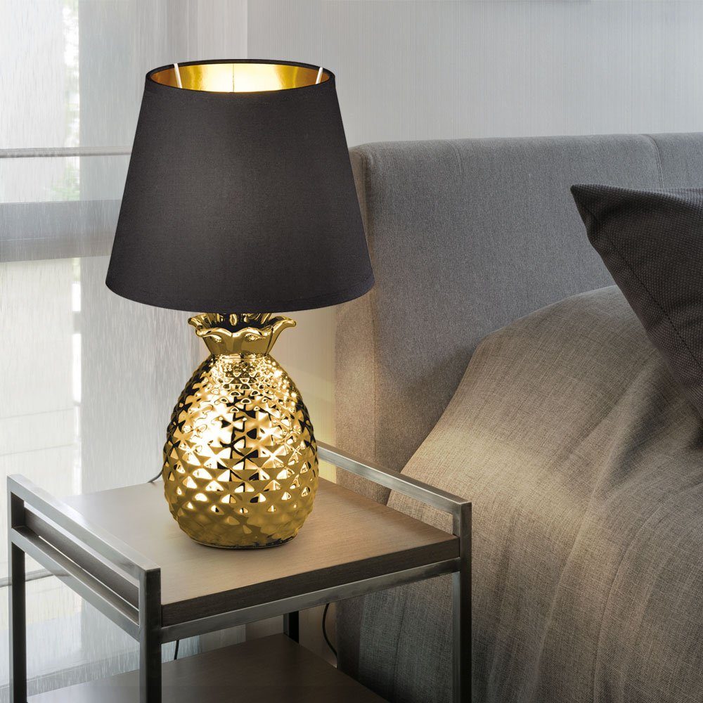 Schreib Design- Warmweiß, Textil Lampe Tisch etc-shop Tischleuchte, inklusive, GOLD Nacht Leuchtmittel Ananas LED SCHWARZ