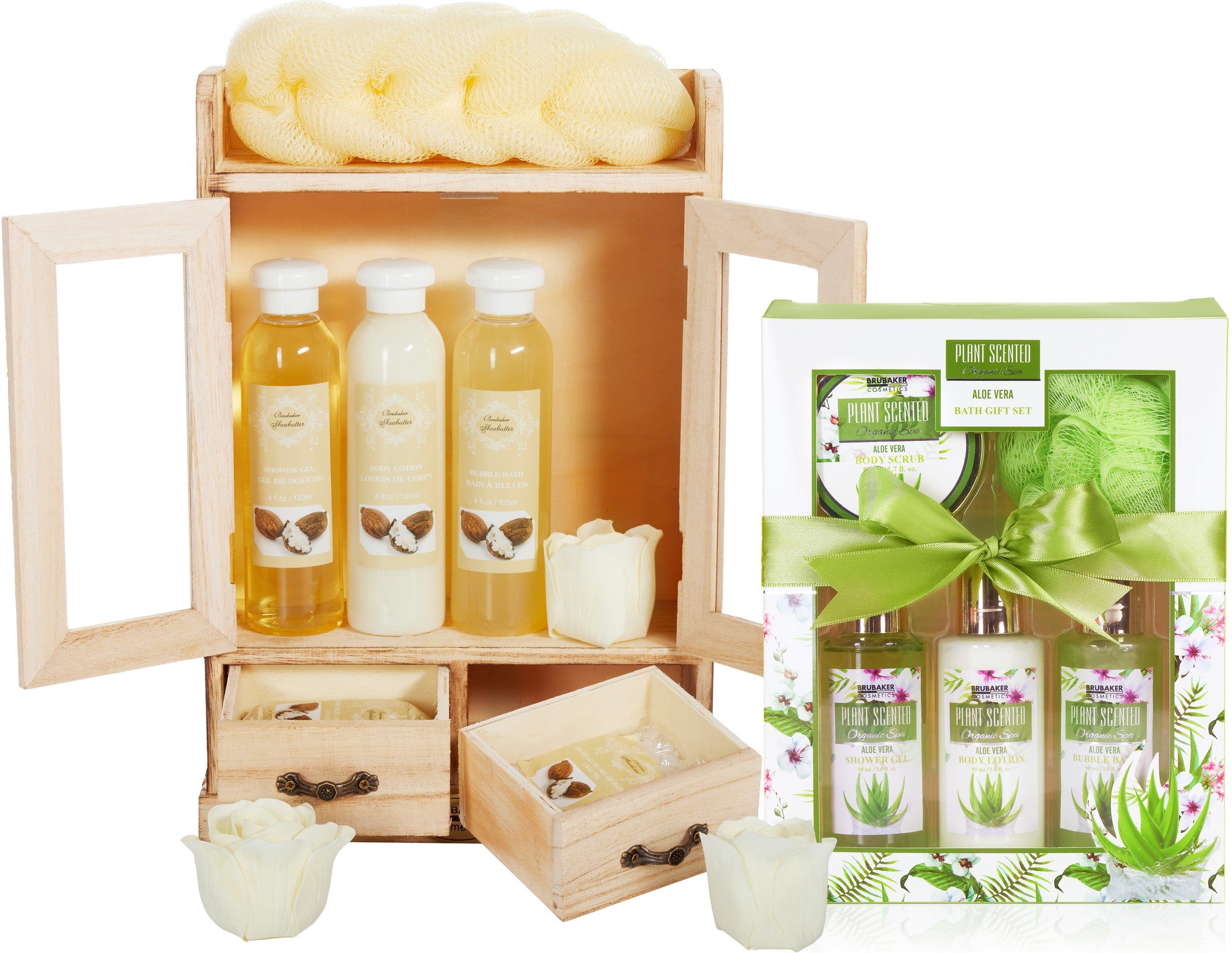 BRUBAKER Pflege-Geschenkset 2 in 1 Pflegeset Sheabutter & Aloe Vera - Wellness Set, 15-tlg., Damen Dusch- und Badeset - Frauen Beauty Geschenkset mit Dekoration