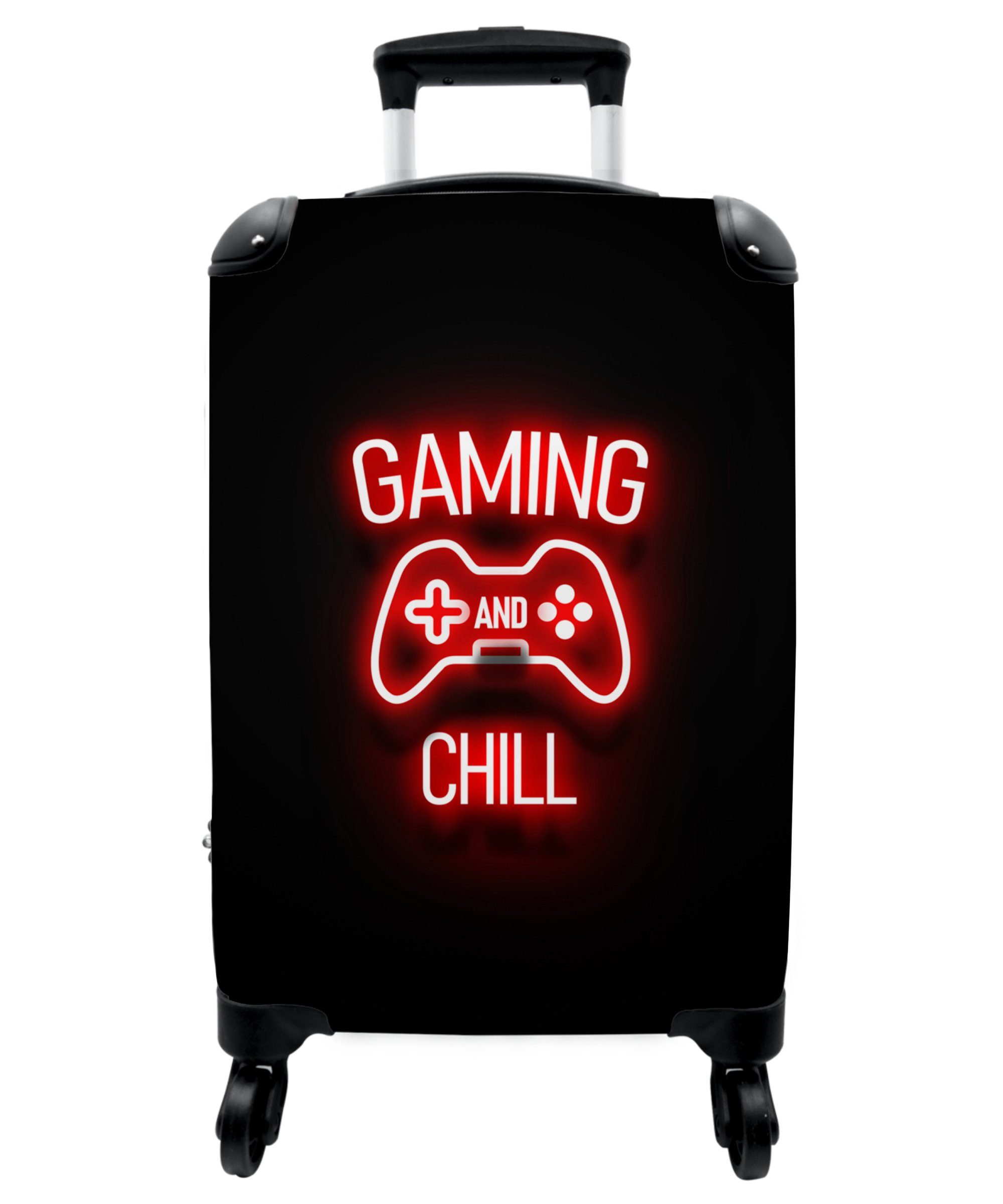 NoBoringSuitcases.com© Kinderkoffer 55x35x20cm Gaming - Zitate - Gaming und Chillen - Neon - Rot, 4 Rollen, Reisetasche mit rollen, Handgepäck für Ferien, Kindertrolley, Koffer