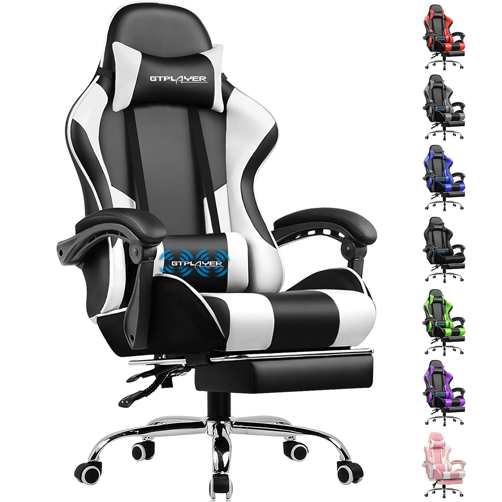 GTPLAYER Gaming-Stuhl Bürostuhl mit Massagefunktion, Fußstütze, Kopfstütze (Packung), Ergonomischer Gamer Stuhl Maximale Belastung 150 kg, 360° drehbar