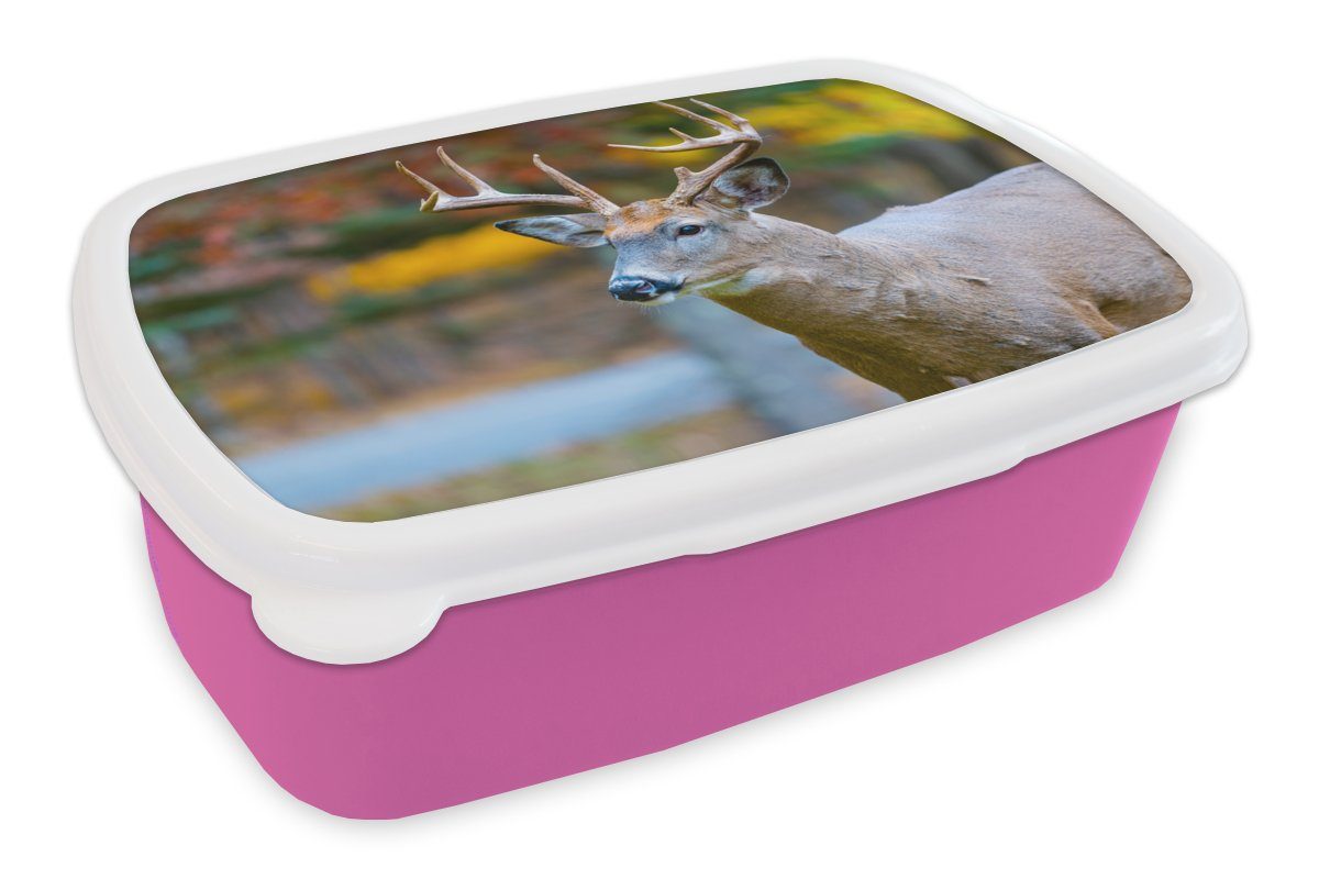 MuchoWow Lunchbox Tierkopf - Hirsche - Wasser, Kunststoff, (2-tlg), Brotbox für Erwachsene, Brotdose Kinder, Snackbox, Mädchen, Kunststoff rosa